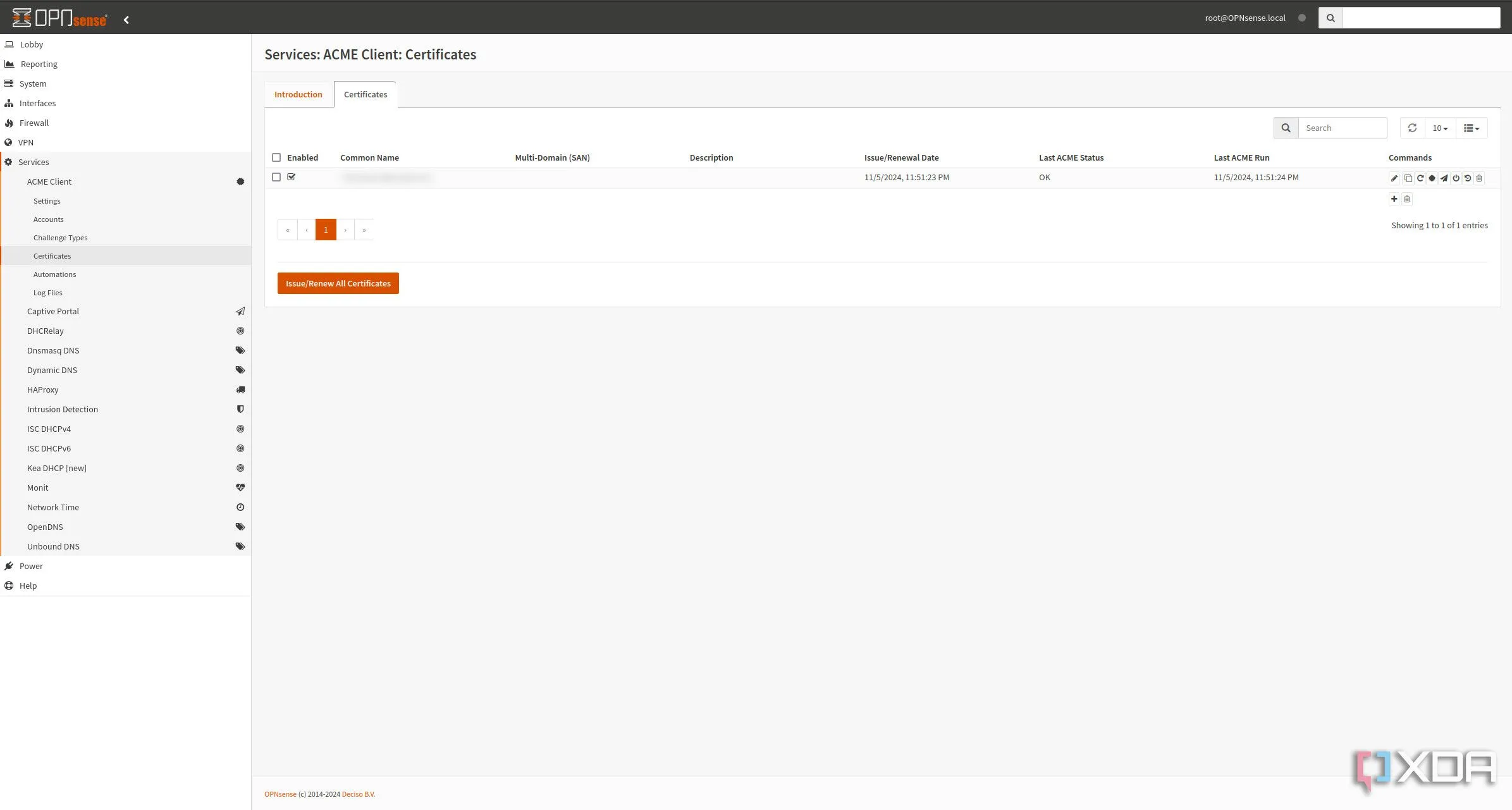 Ảnh chụp màn hình cấu hình chứng chỉ SSL trên OPNsense