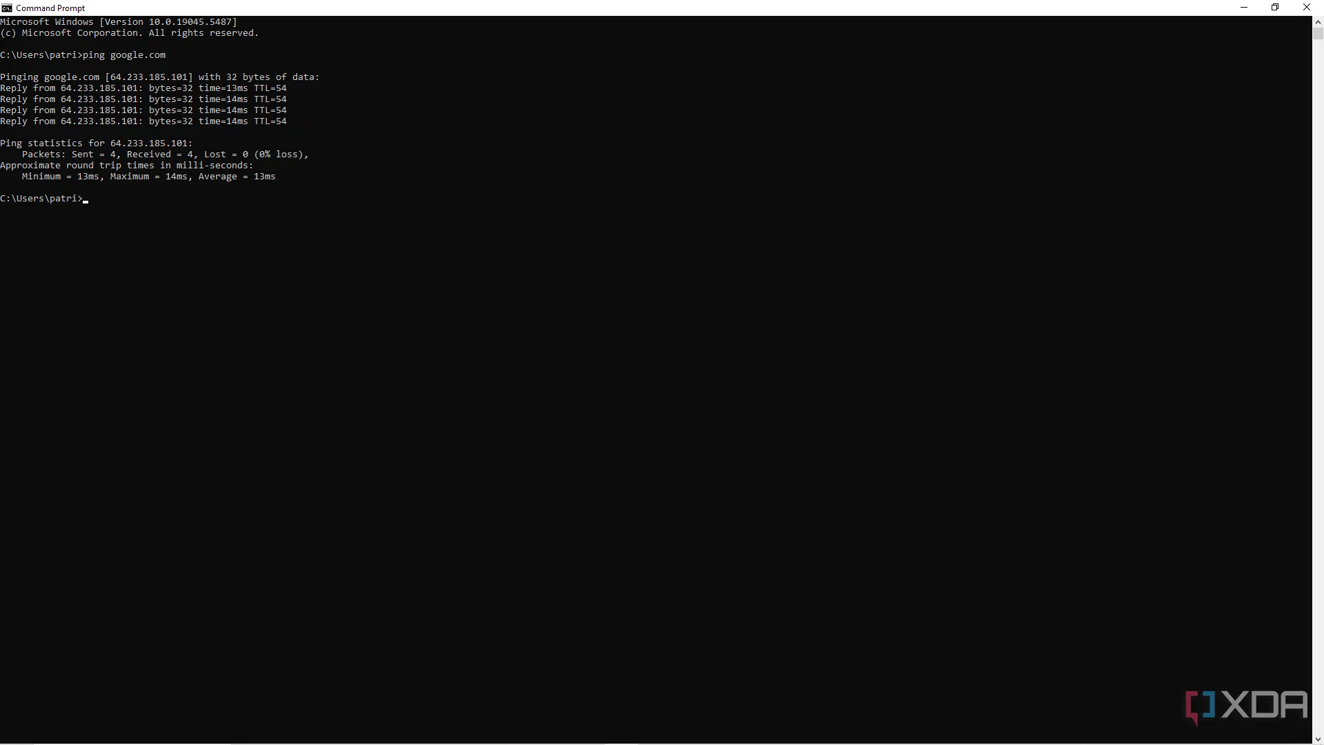 Ảnh chụp màn hình Command Prompt hiển thị kết quả lệnh ping tới google.com, bao gồm thời gian phản hồi và số lượng gói tin đã gửi/nhận