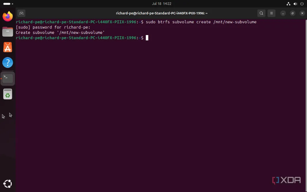 Ảnh chụp màn hình tạo Btrfs subvolume trên Ubuntu qua dòng lệnh