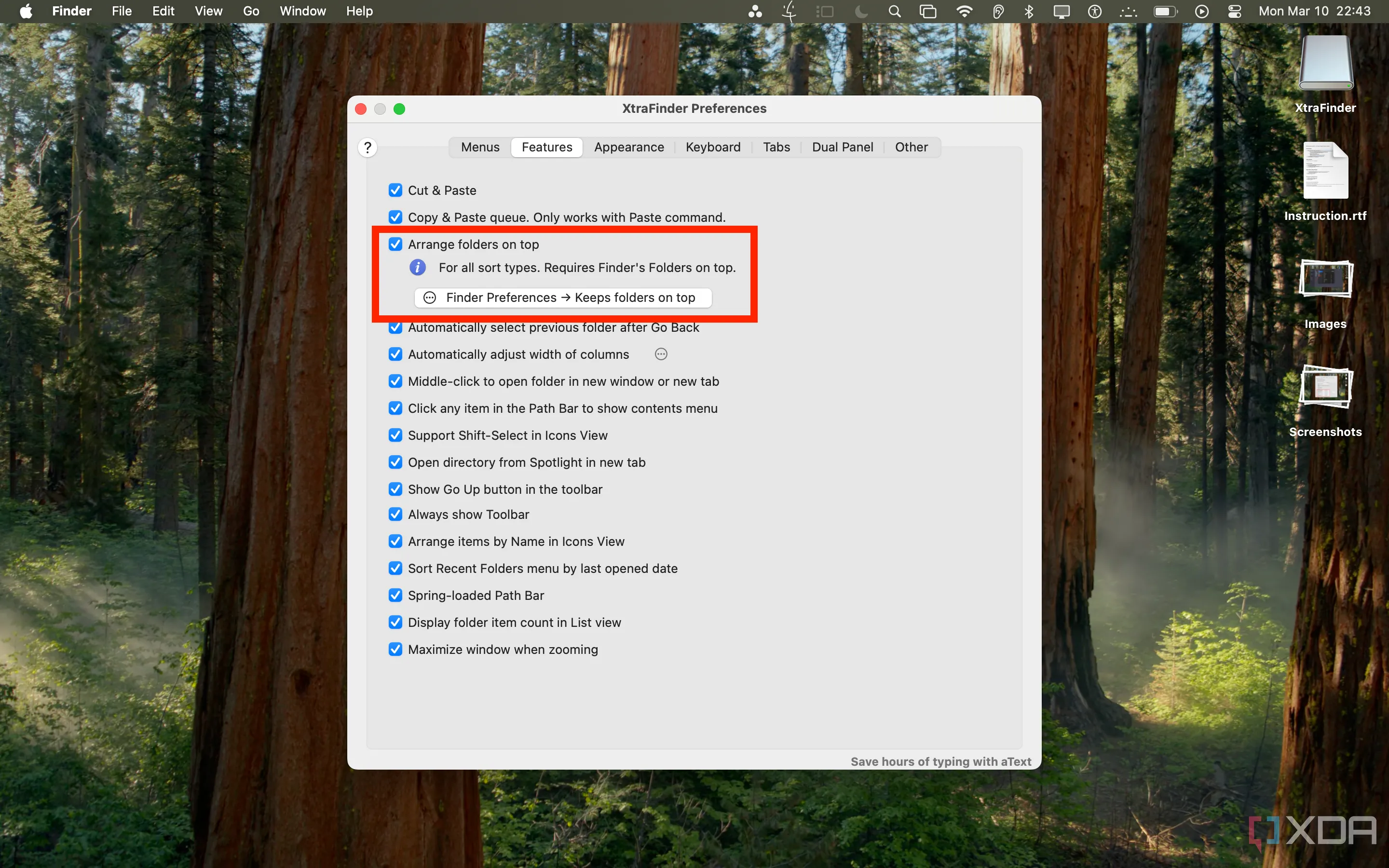 Ảnh chụp màn hình tính năng &quot;Arrange Folders on Top&quot; của XtraFinder, giúp sắp xếp thư mục luôn nằm trên các tệp tin trong Finder