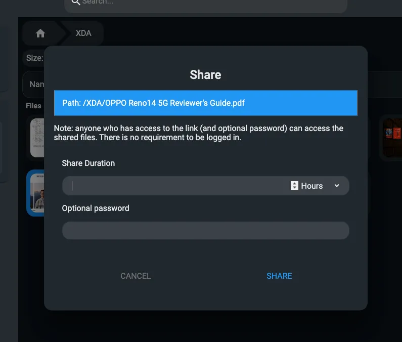 Ảnh chụp màn hình tính năng chia sẻ tệp qua liên kết của FileBrowser Quantum, minh họa tùy chọn tạo và quản lý liên kết chia sẻ.