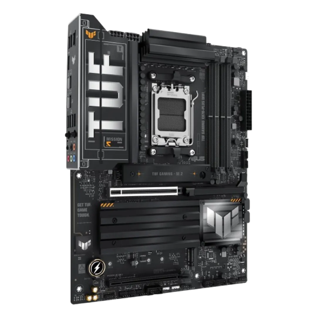 Ảnh kết xuất bo mạch chủ Asus TUF Gaming X870-Plus WiFi nhìn từ góc nghiêng nhẹ