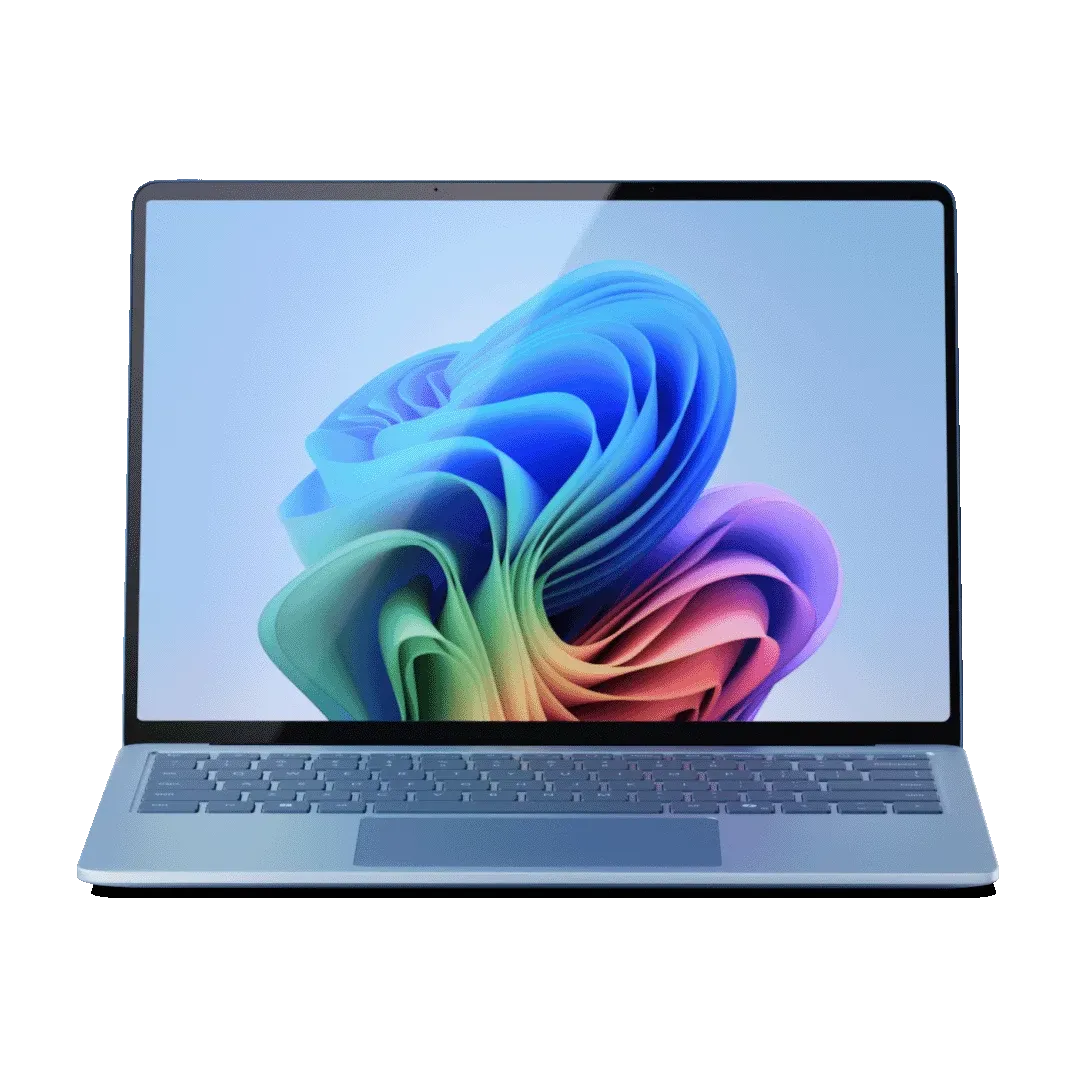 Ảnh render Microsoft Surface Laptop 7 màu Sapphire nhìn từ mặt trước, hiển thị thiết kế mỏng nhẹ và viền màn hình siêu mỏng.