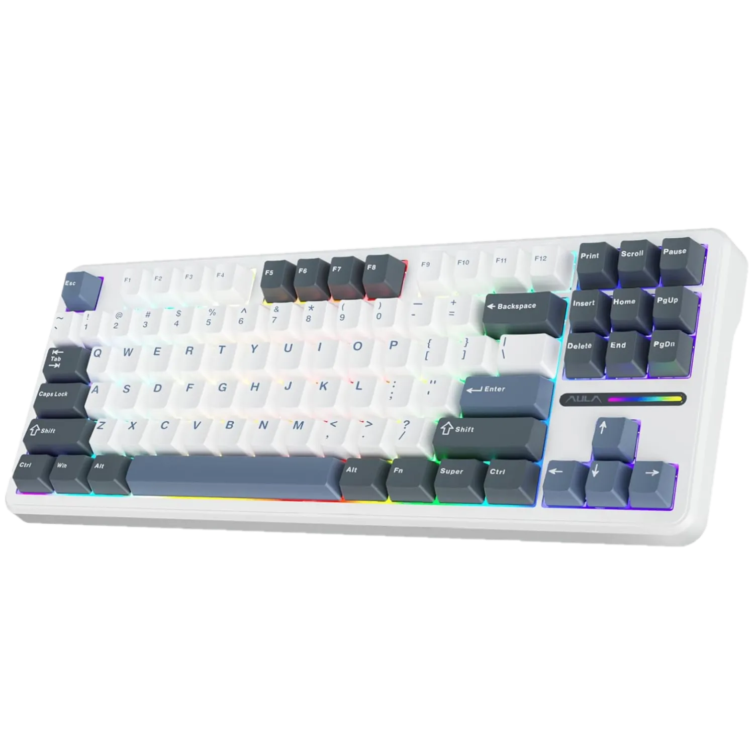 Bàn phím cơ Aula F87 màu trắng với thiết kế TKL, hỗ trợ không dây và đèn RGB, cải thiện trải nghiệm gõ phím.