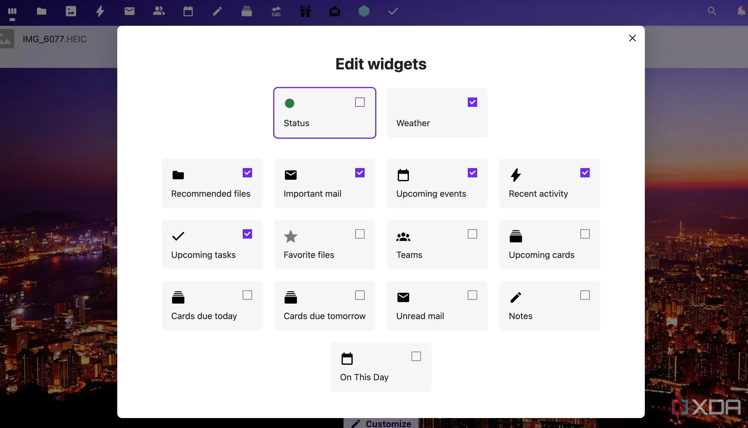 Bảng điều khiển Nextcloud hiển thị các widget tùy chỉnh như lịch, công việc, tin tức và file gần đây, minh họa khả năng cá nhân hóa cao cho người dùng.