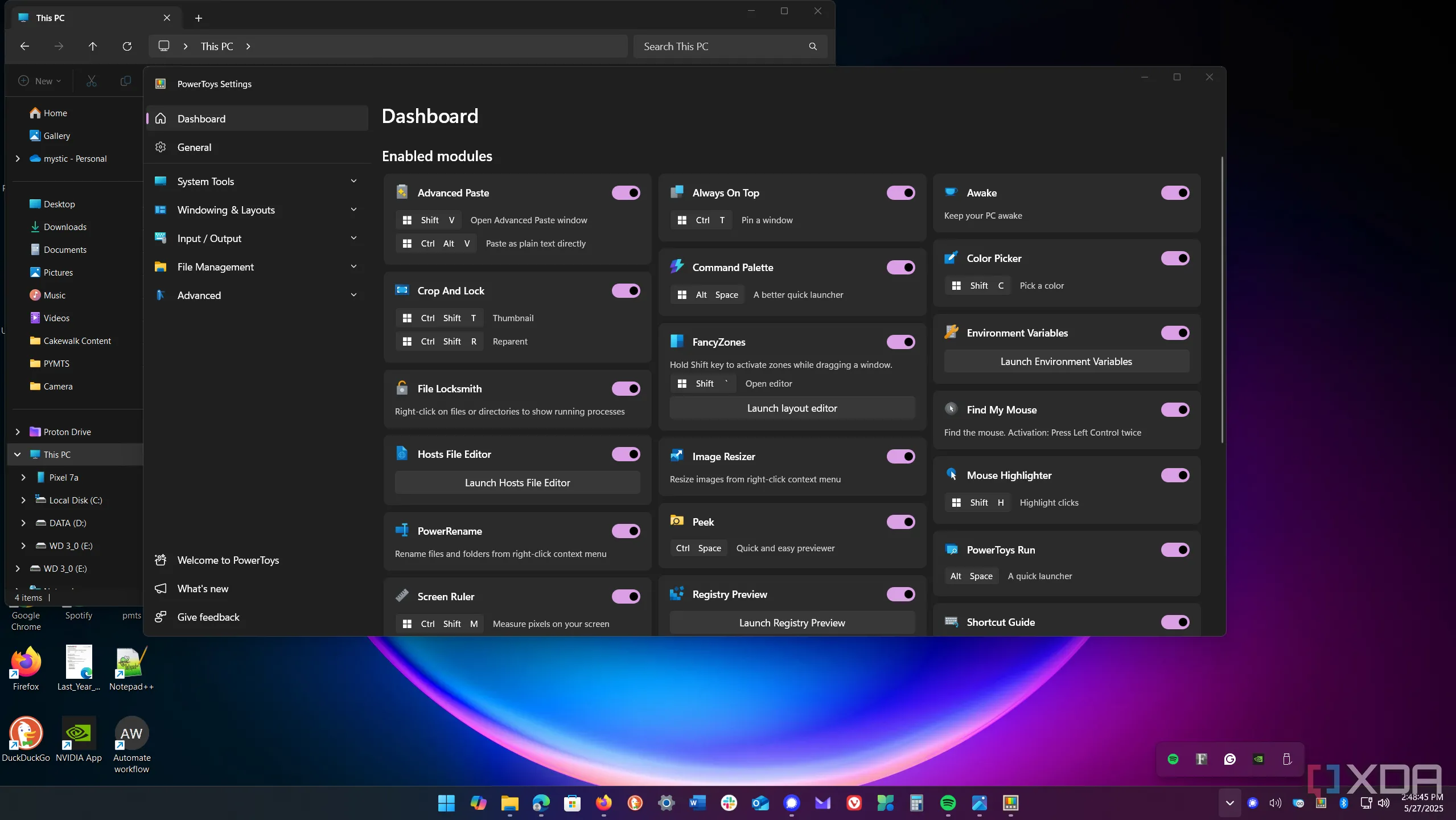 Bảng điều khiển trung tâm PowerToys đang chạy trên Windows 11, hiển thị các công cụ đã được kích hoạt
