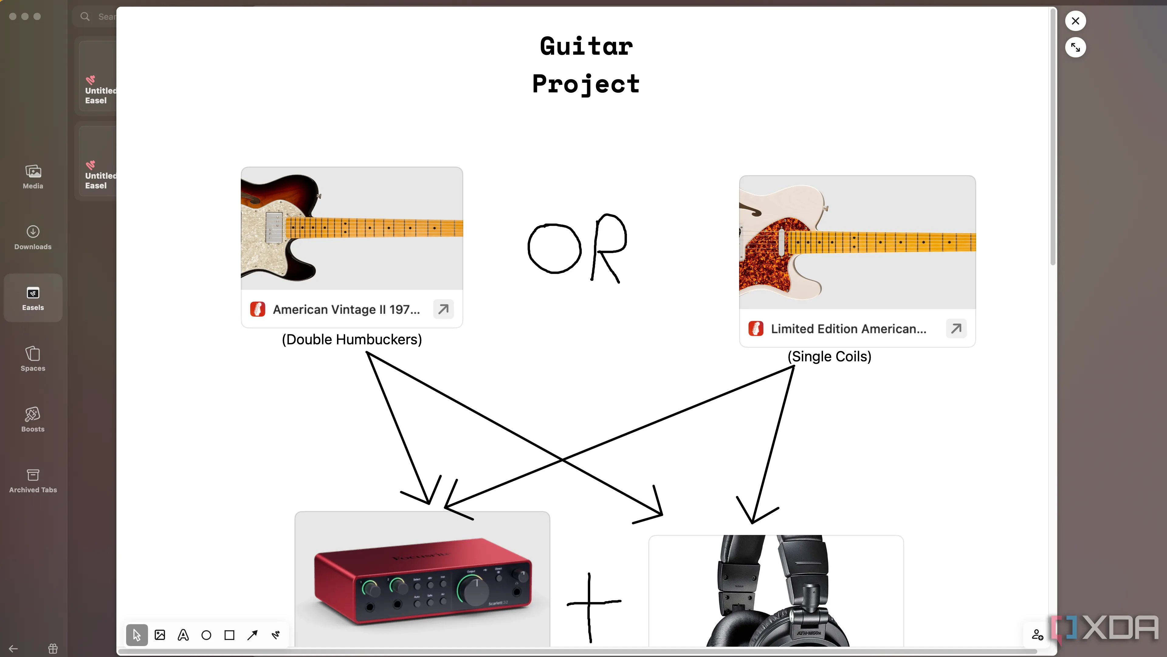 Bảng Easel đang mở trong Arc, hiển thị ý tưởng về cây đàn guitar
