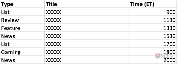 Bảng lịch trình xuất bản nội dung trên Excel, hiển thị các khung giờ cố định và bài viết/video được gán vào từng khung giờ.