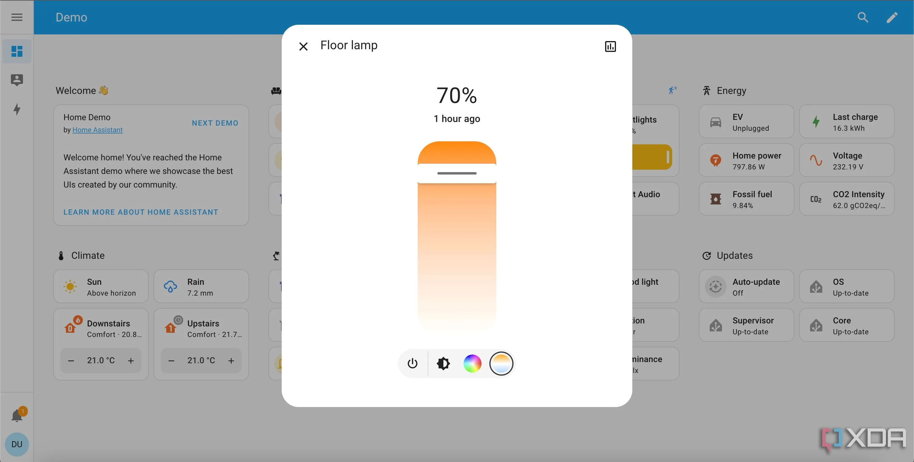 Biểu đồ hiển thị nhiệt độ màu đèn thay đổi theo thời gian trong ngày trên Home Assistant
