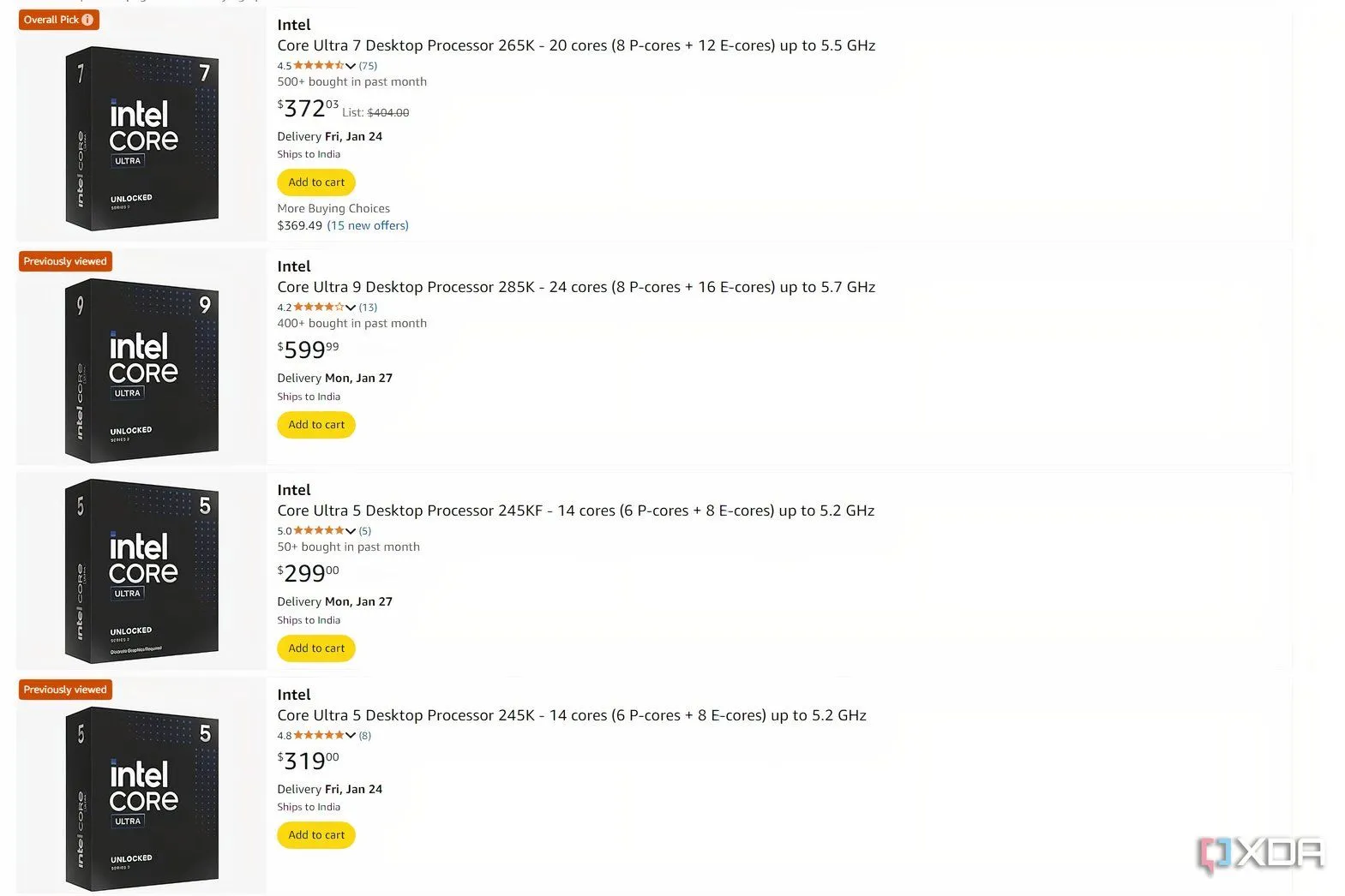 Biểu đồ thể hiện giá bán CPU Intel Core Ultra trên Amazon, minh họa mức giá chưa hợp lý so với hiệu năng