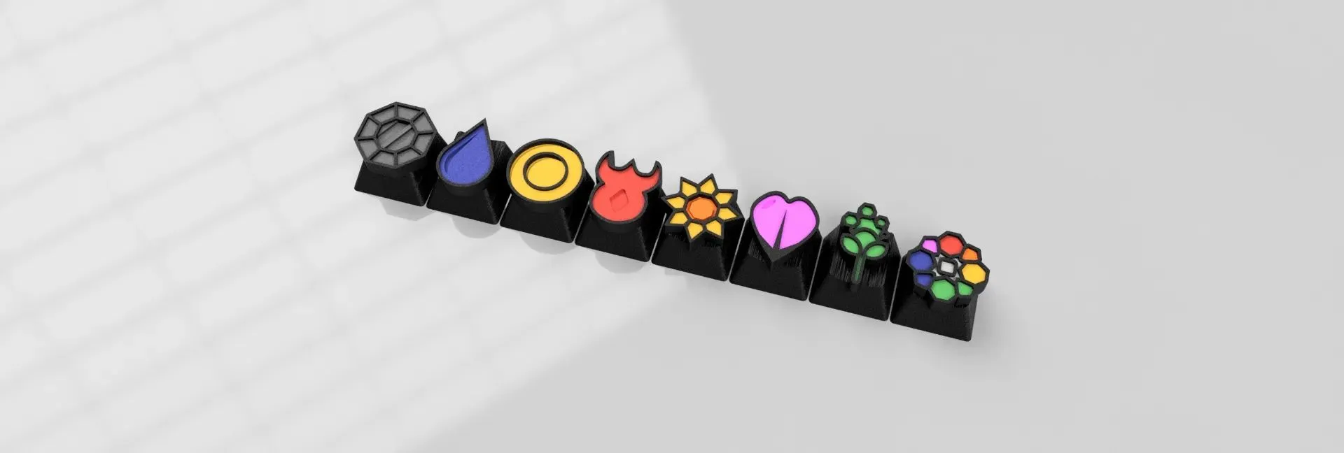 Bộ keycap in 3D hình huy hiệu Pokemon độc đáo trên bàn phím cơ, minh họa khả năng tùy biến keycap để cá nhân hóa bàn phím gaming.