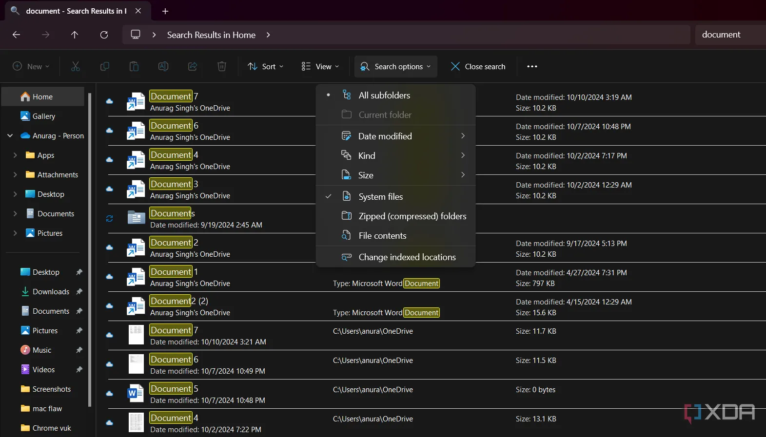 Bộ lọc tìm kiếm nâng cao trong File Explorer trên Windows, thể hiện các tùy chọn lọc theo loại tệp hoặc ngày tháng, minh họa hạn chế trong tính năng tìm kiếm mặc định.