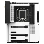 Bo mạch chủ NZXT N7 Z790 màu trắng với vỏ bọc kim loại tinh tế, mang lại vẻ ngoài gọn gàng cho PC của bạn.
