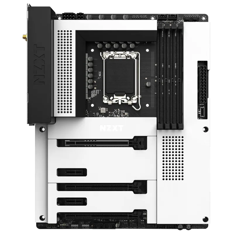 Bo mạch chủ NZXT N7 Z790 màu trắng với vỏ bọc kim loại tinh tế, mang lại vẻ ngoài gọn gàng cho PC của bạn.