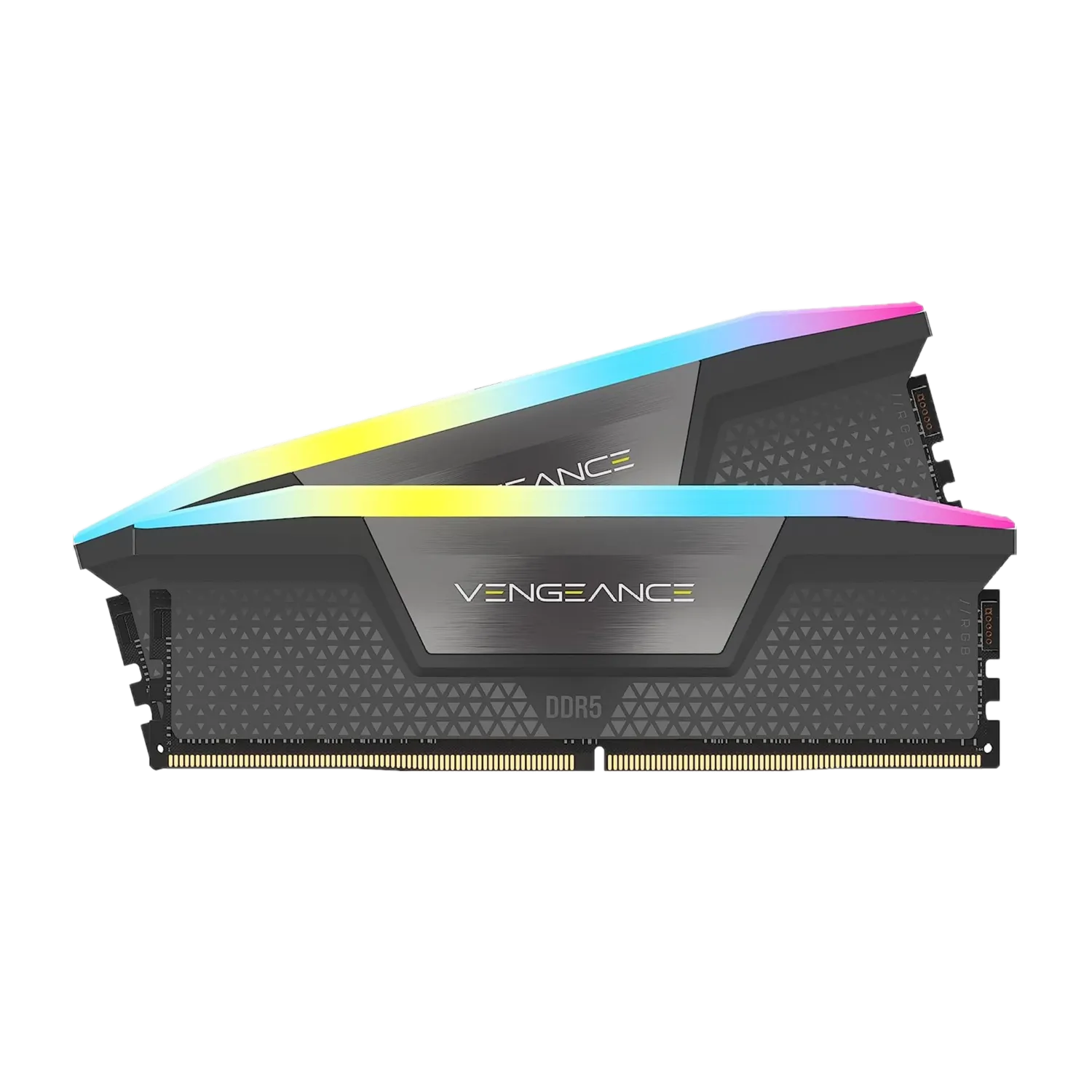 Bộ nhớ RAM Corsair Vengeance RGB DDR5 màu xám, tích hợp dải đèn LED RGB sống động.