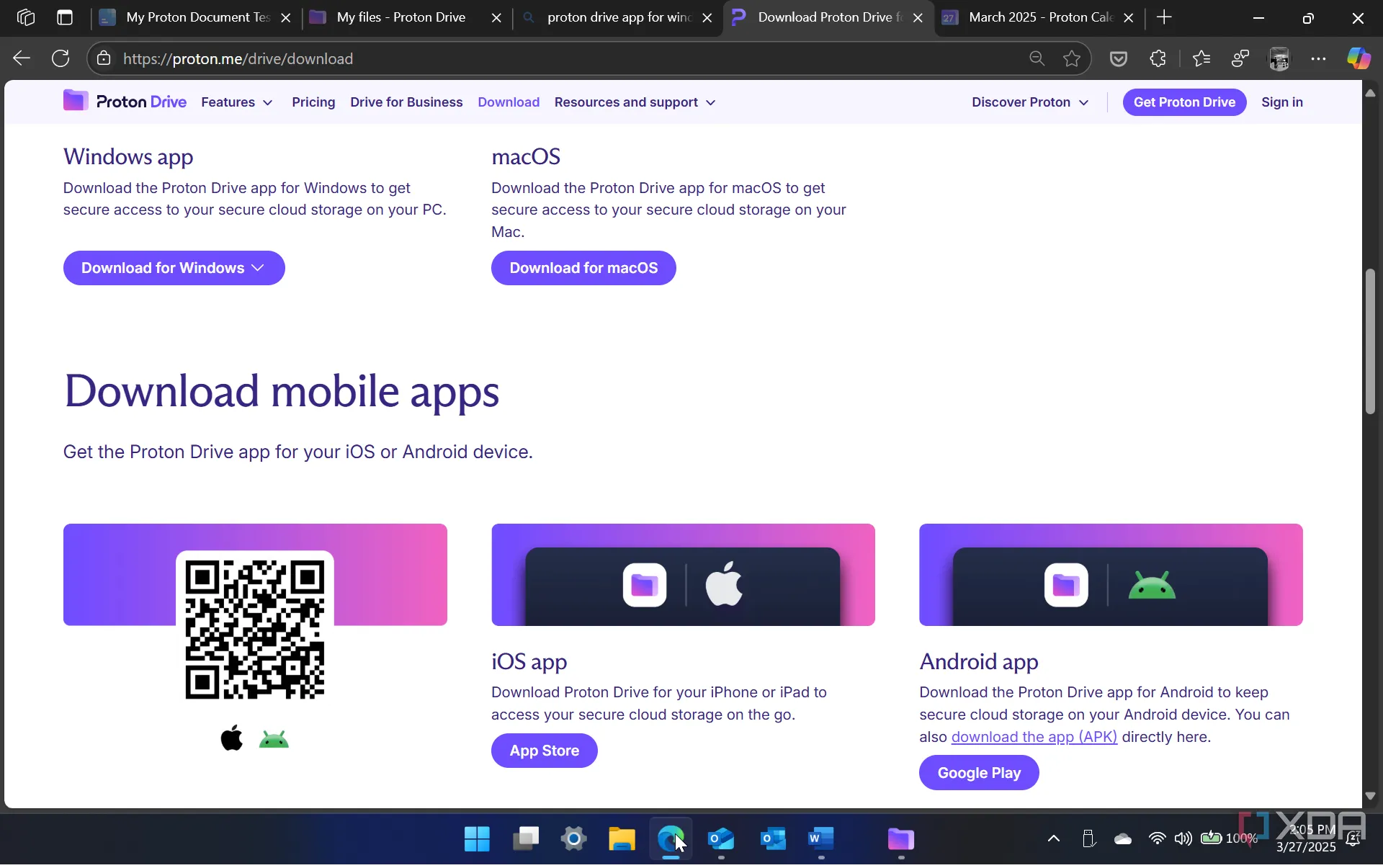 Các biểu tượng tải xuống ứng dụng Proton Mail, Proton VPN, Proton Drive, và Proton Pass trên các hệ điều hành phổ biến.