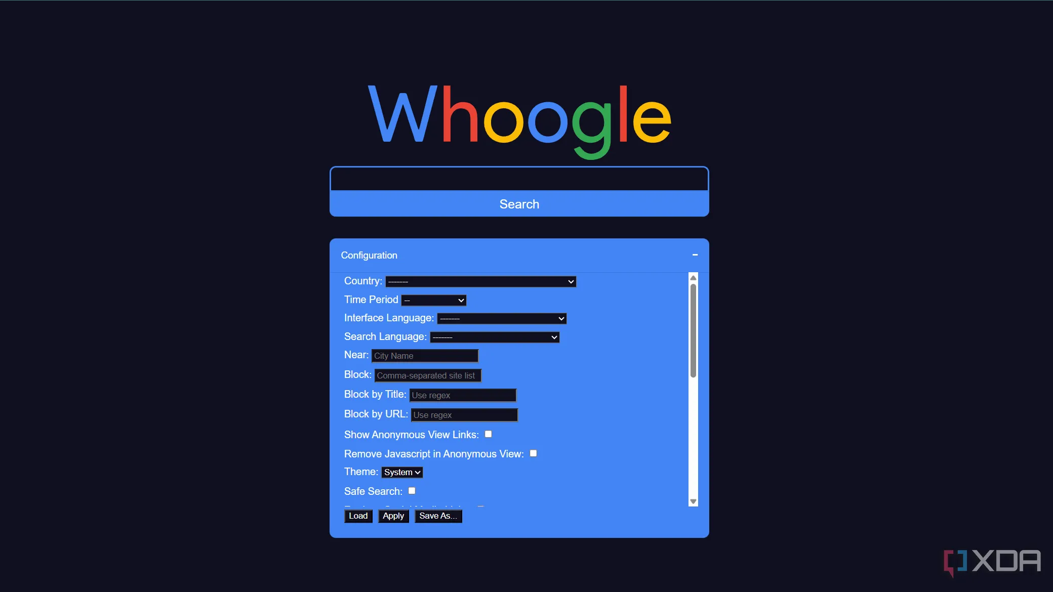 Các tùy chọn cấu hình trong Whoogle cho phép tùy chỉnh trải kiếm tìm kiếm của bạn.
