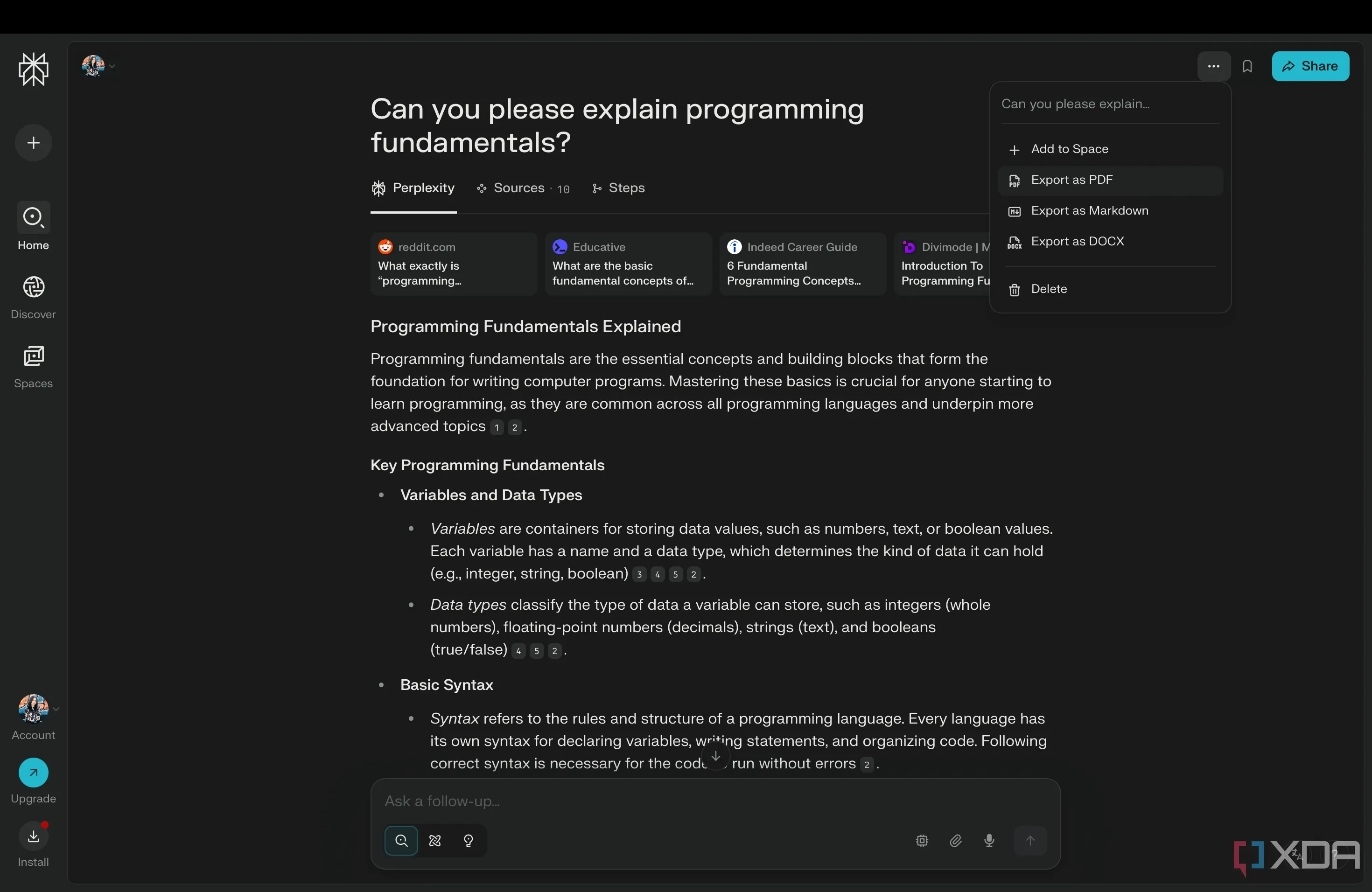 Các tùy chọn xuất file từ Perplexity AI, bao gồm PDF, Markdown và DOCX.