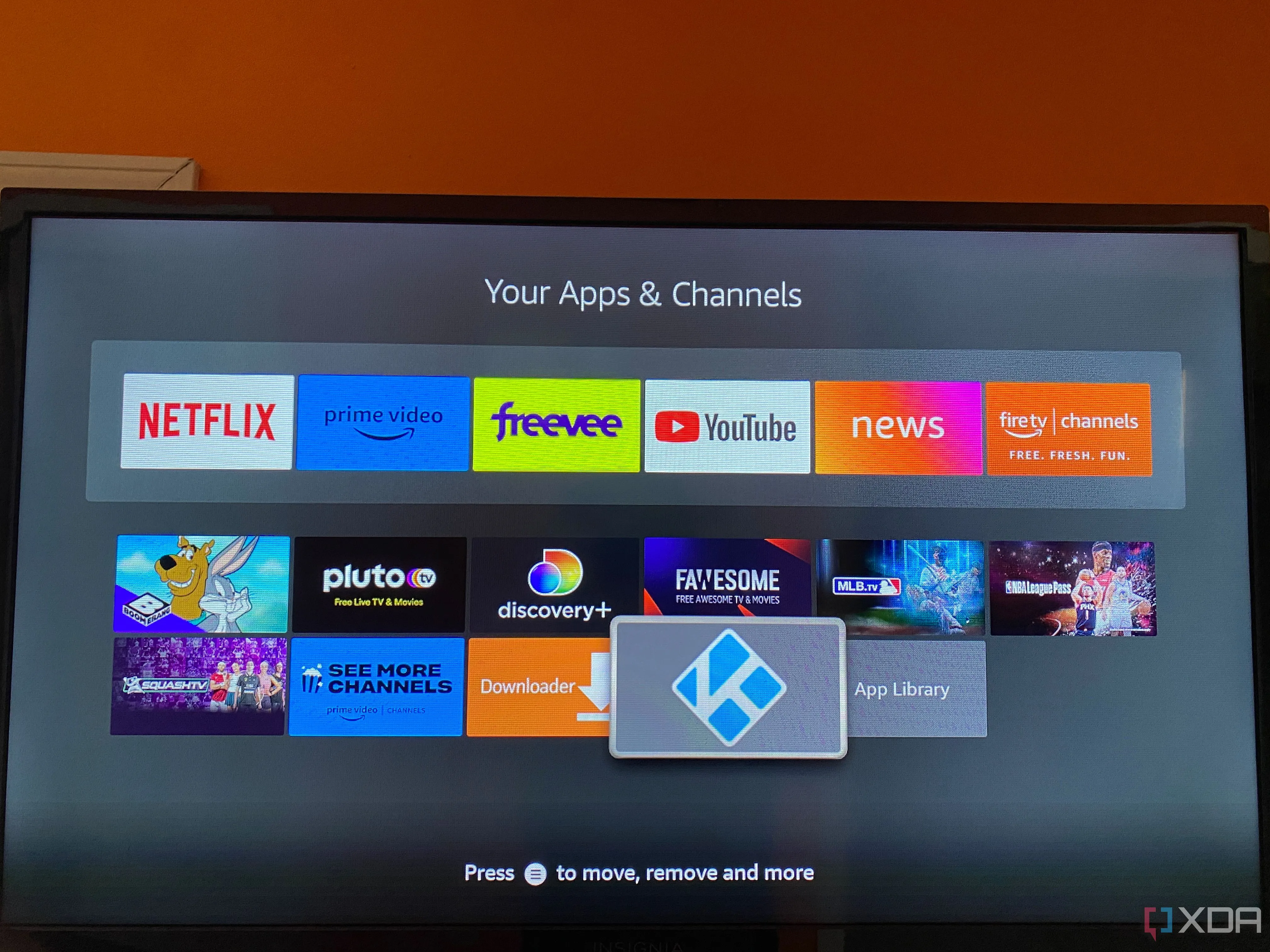 Các ứng dụng trên Amazon Fire TV, với biểu tượng Kodi được làm nổi bật, minh họa khả năng tùy biến của Kodi
