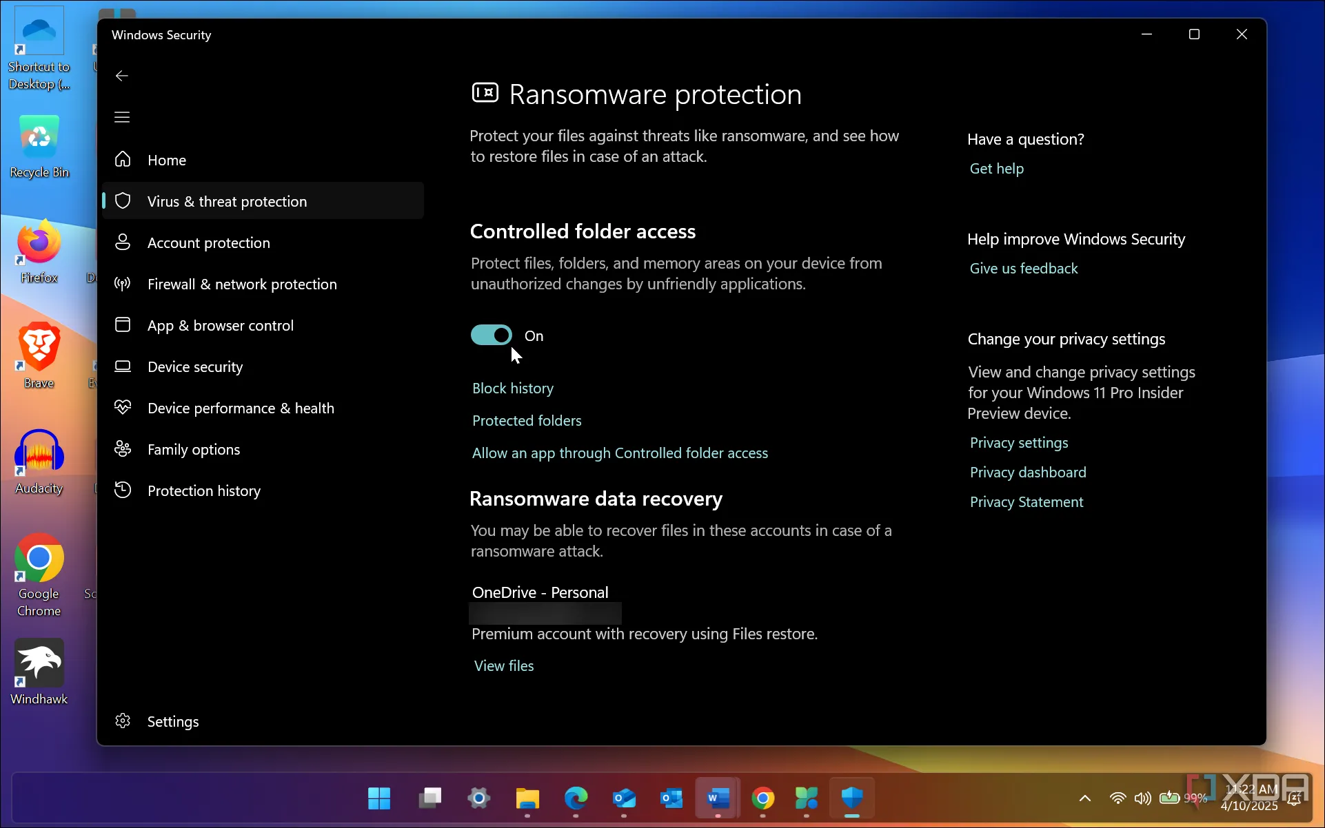 Cài đặt bảo vệ ransomware đã bật thông qua tính năng Controlled Folder Access trên Windows 11