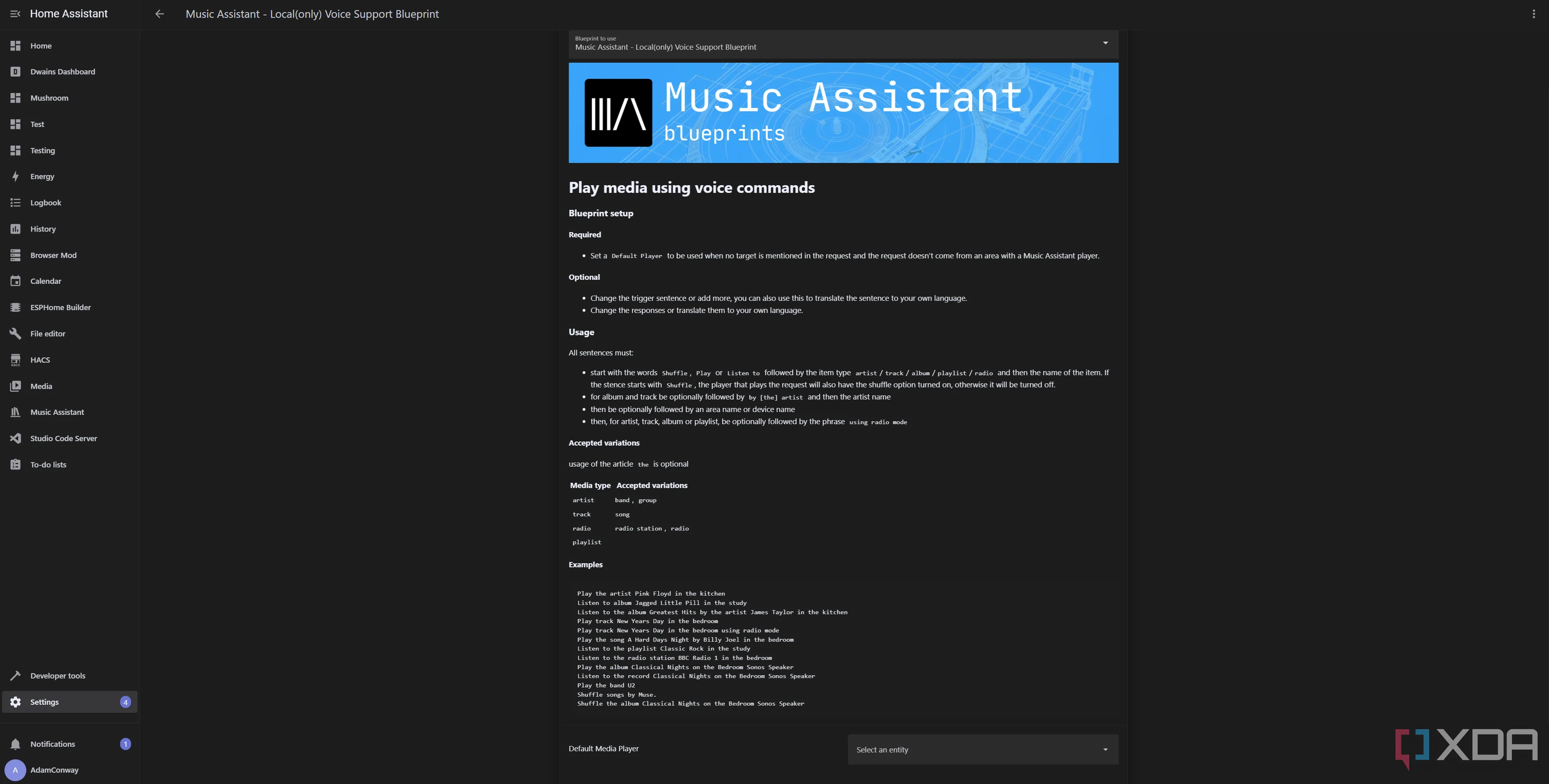 Cài đặt blueprint Music Assistant trong Home Assistant Voice Preview, cho phép điều khiển nhạc bằng giọng nói