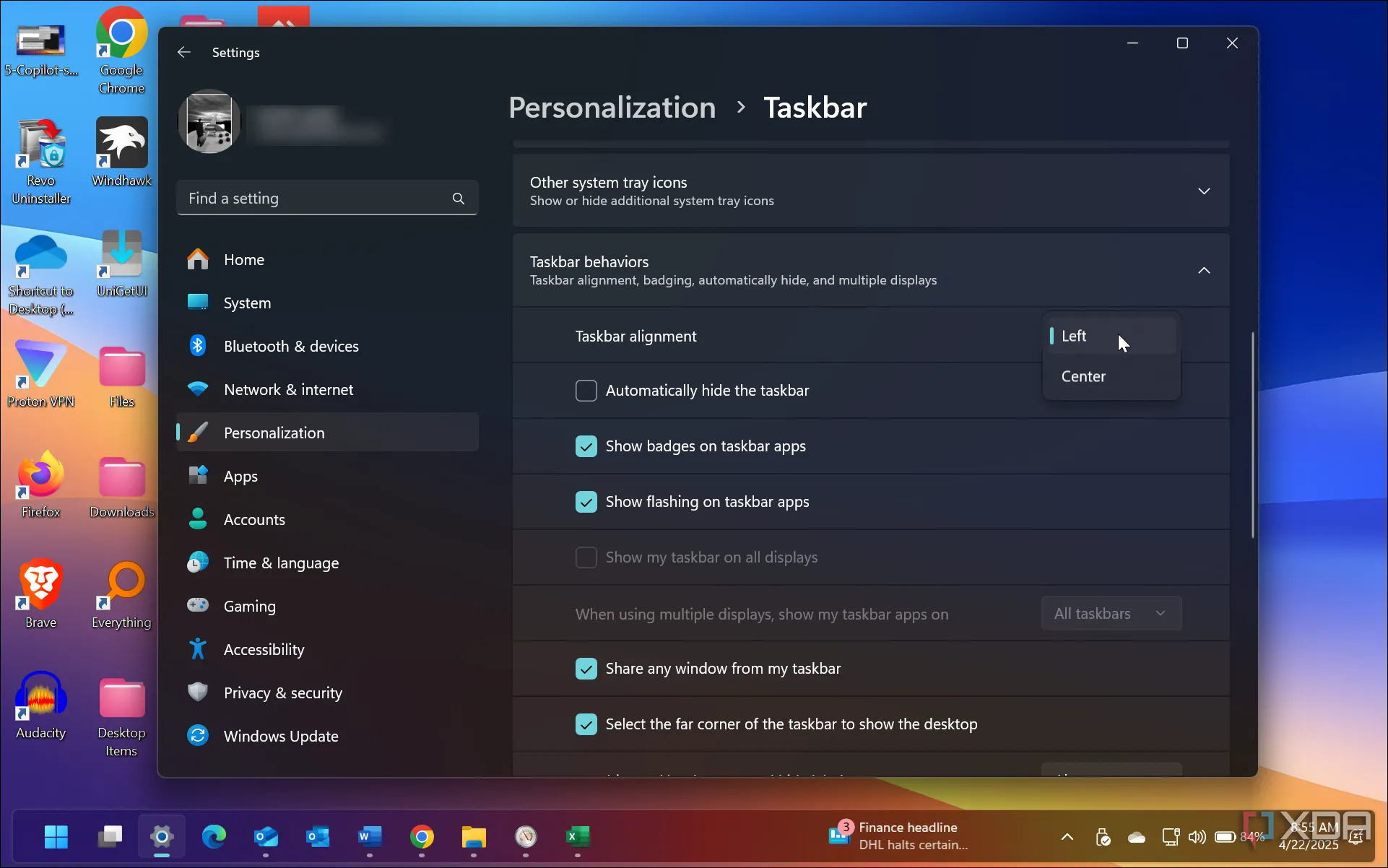 Cài đặt căn chỉnh thanh tác vụ để di chuyển Start Menu sang trái trên Windows 11