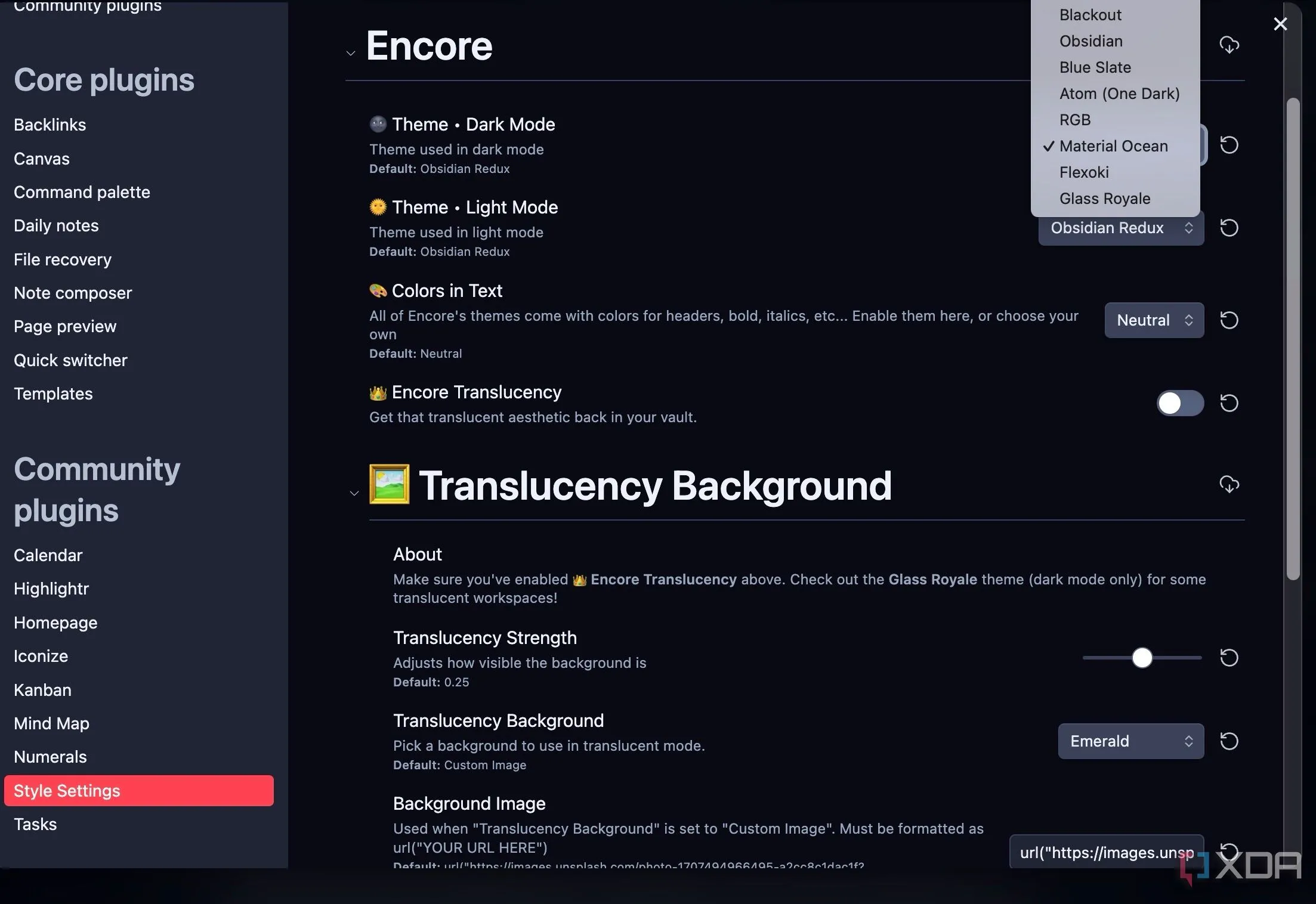 Cài đặt chủ đề Encore qua plugin Style Settings trong Obsidian
