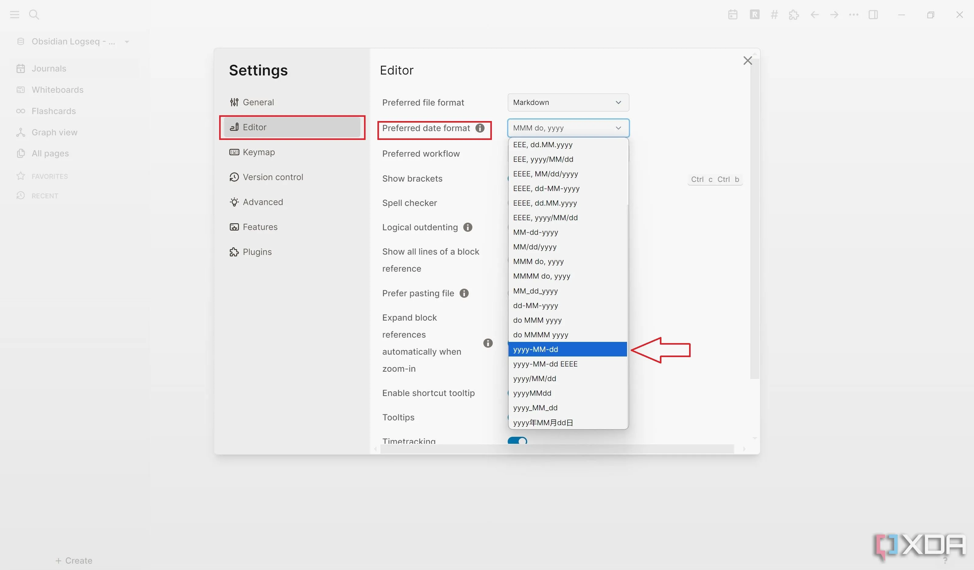 Cài đặt định dạng ngày ưu tiên trong phần Editor của Logseq