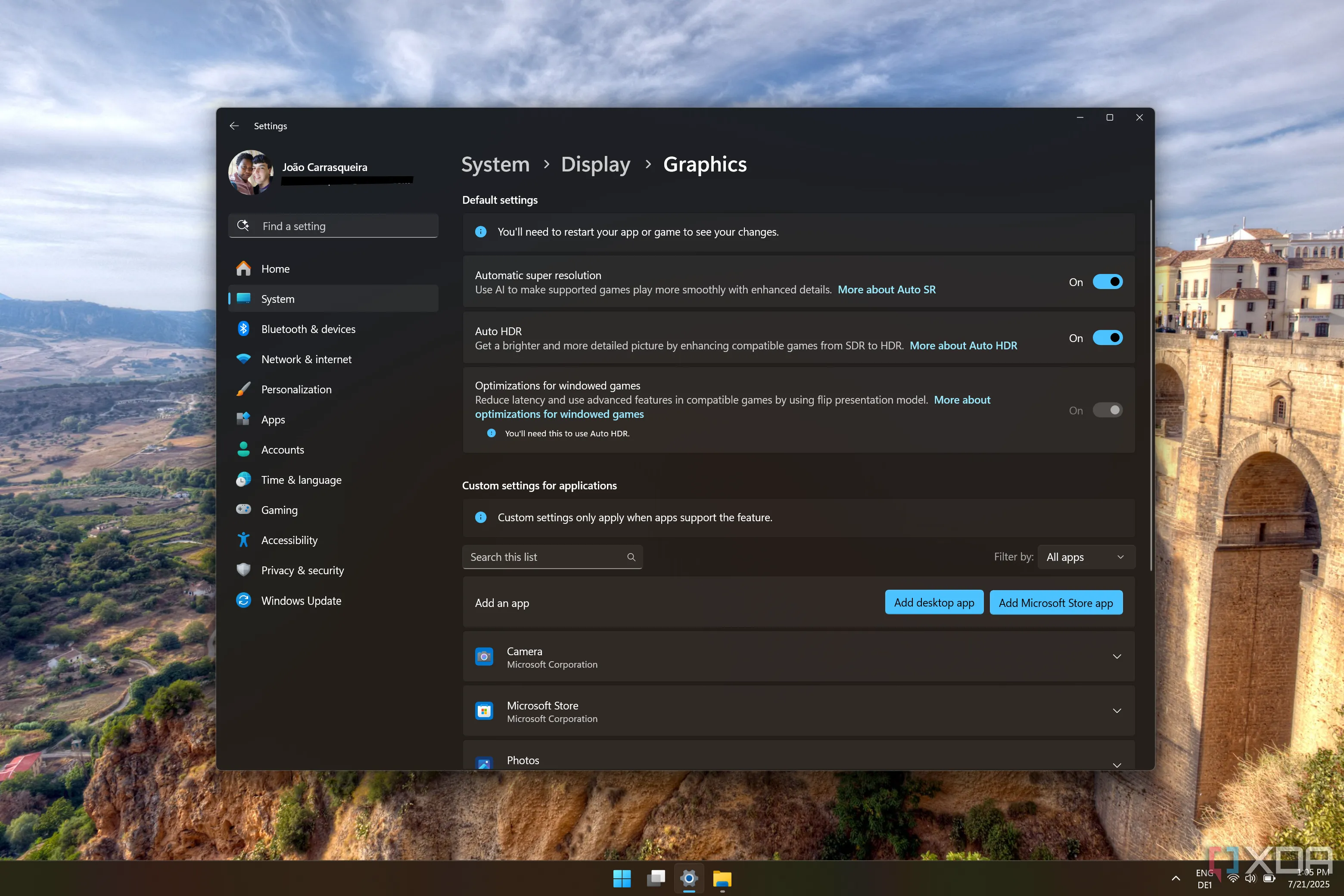 Cài đặt đồ họa Windows 11 hiển thị Auto HDR đang bật