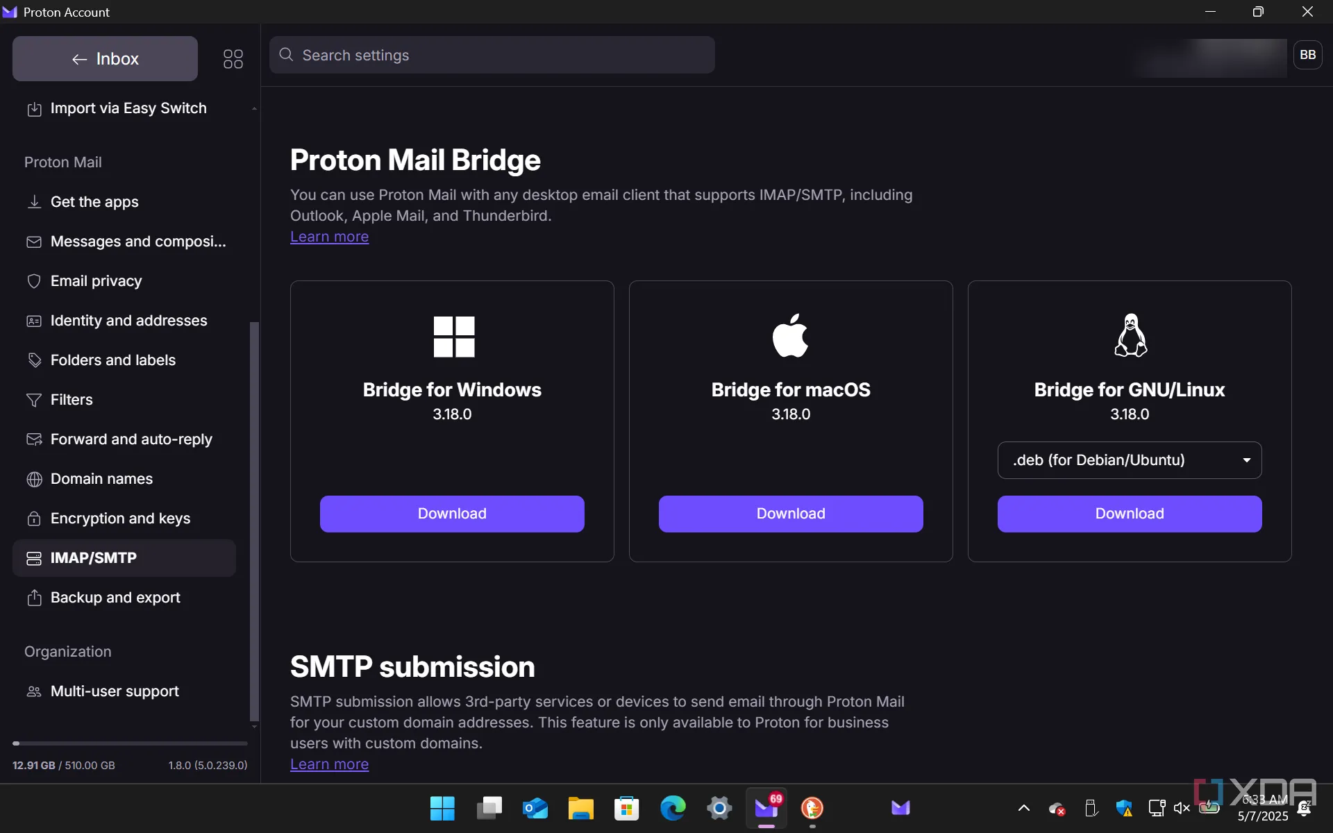 Cài đặt IMAP/SMTP và Proton Mail Bridge trong ứng dụng Proton Mail, minh họa các tùy chọn nâng cao