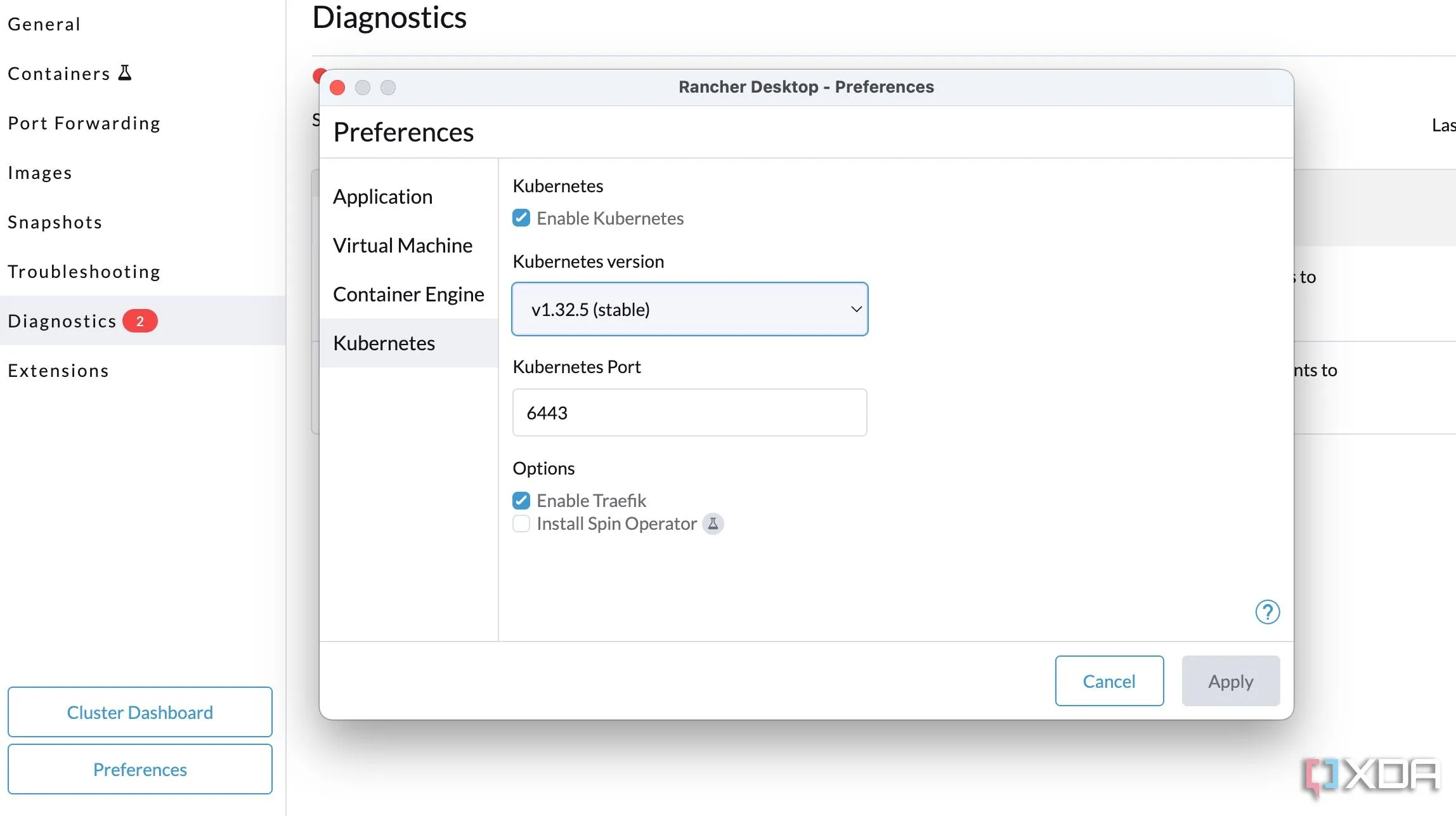 Cài đặt Kubernetes trên giao diện người dùng Rancher Desktop, cho phép dễ dàng chuyển đổi phiên bản và quản lý môi trường phát triển.