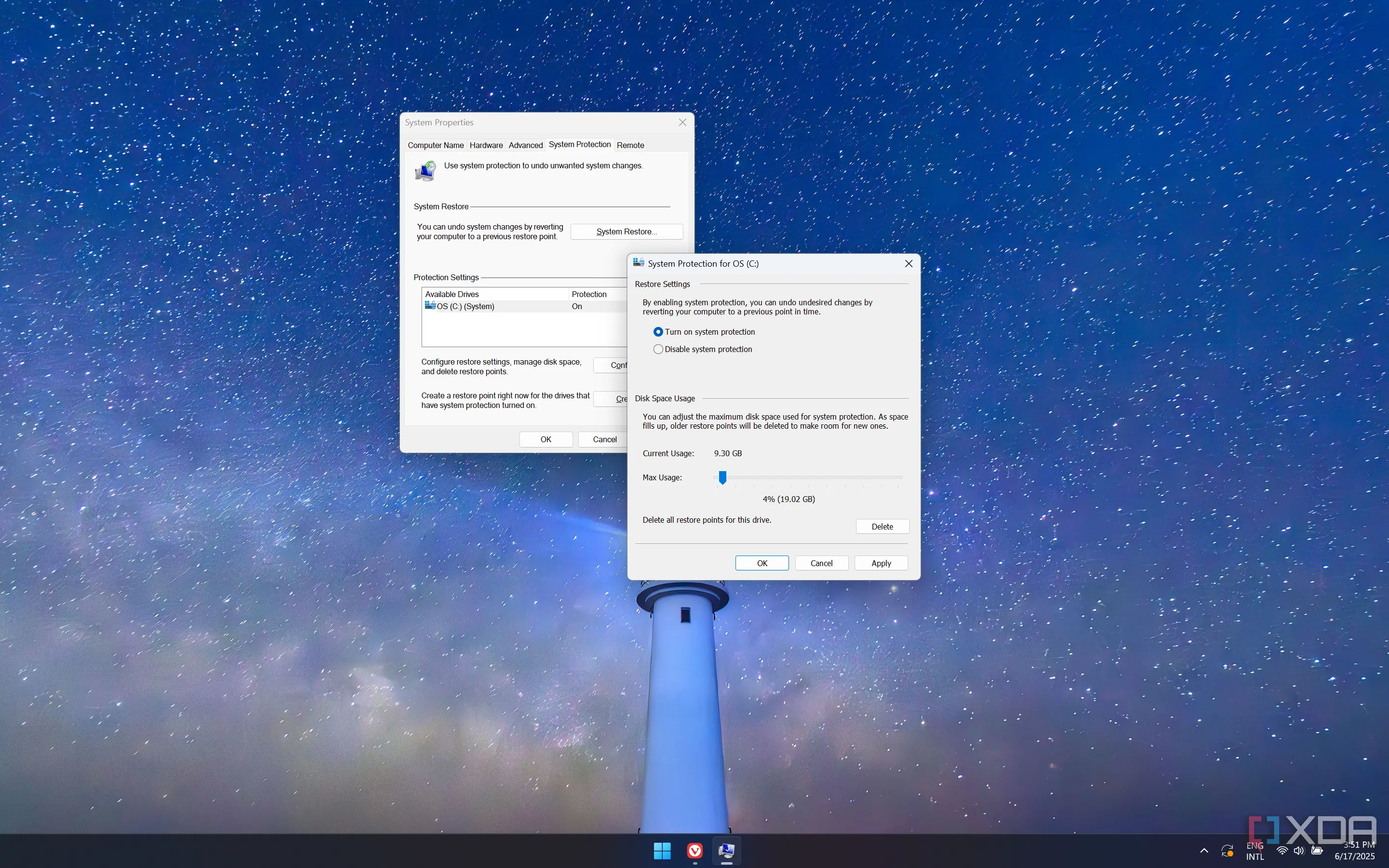 Cài đặt System Restore trên Windows 11 hiển thị các tùy chọn cấu hình và bật/tắt tính năng