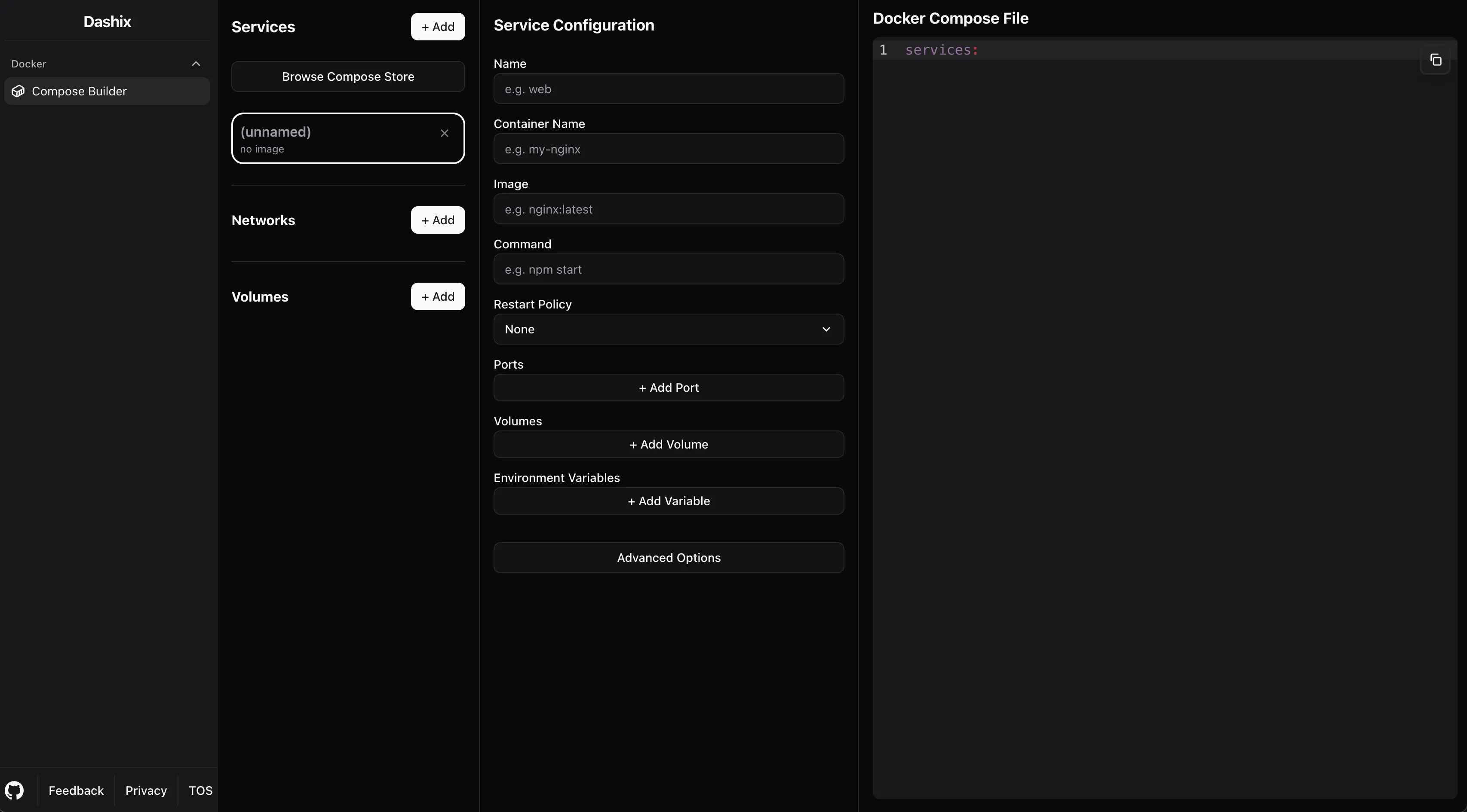 Cài đặt trang tạo Docker Compose trống trong Dashix, minh họa khả năng thêm logic điều kiện