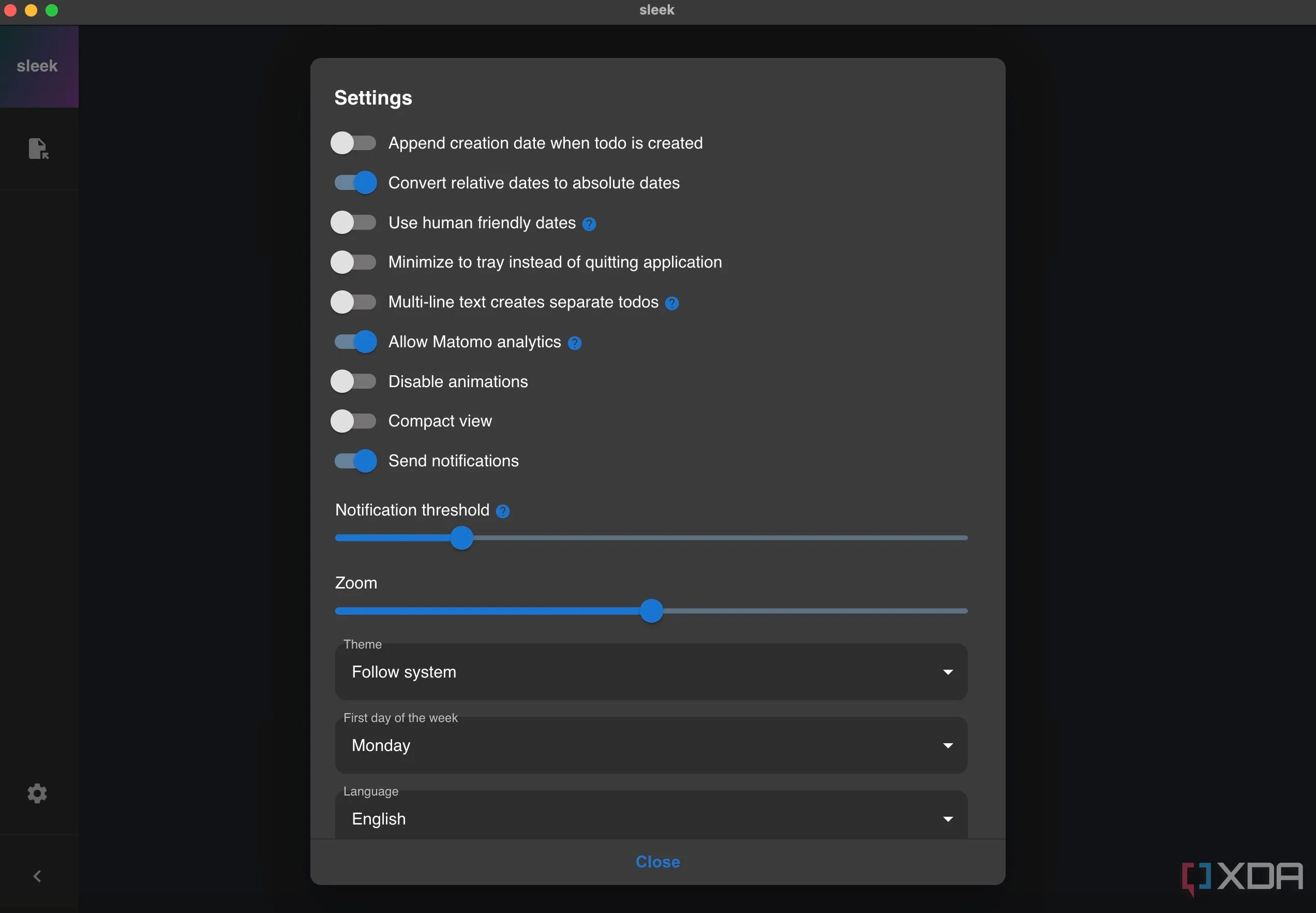 Cài đặt và giao diện đơn giản của Sleek App