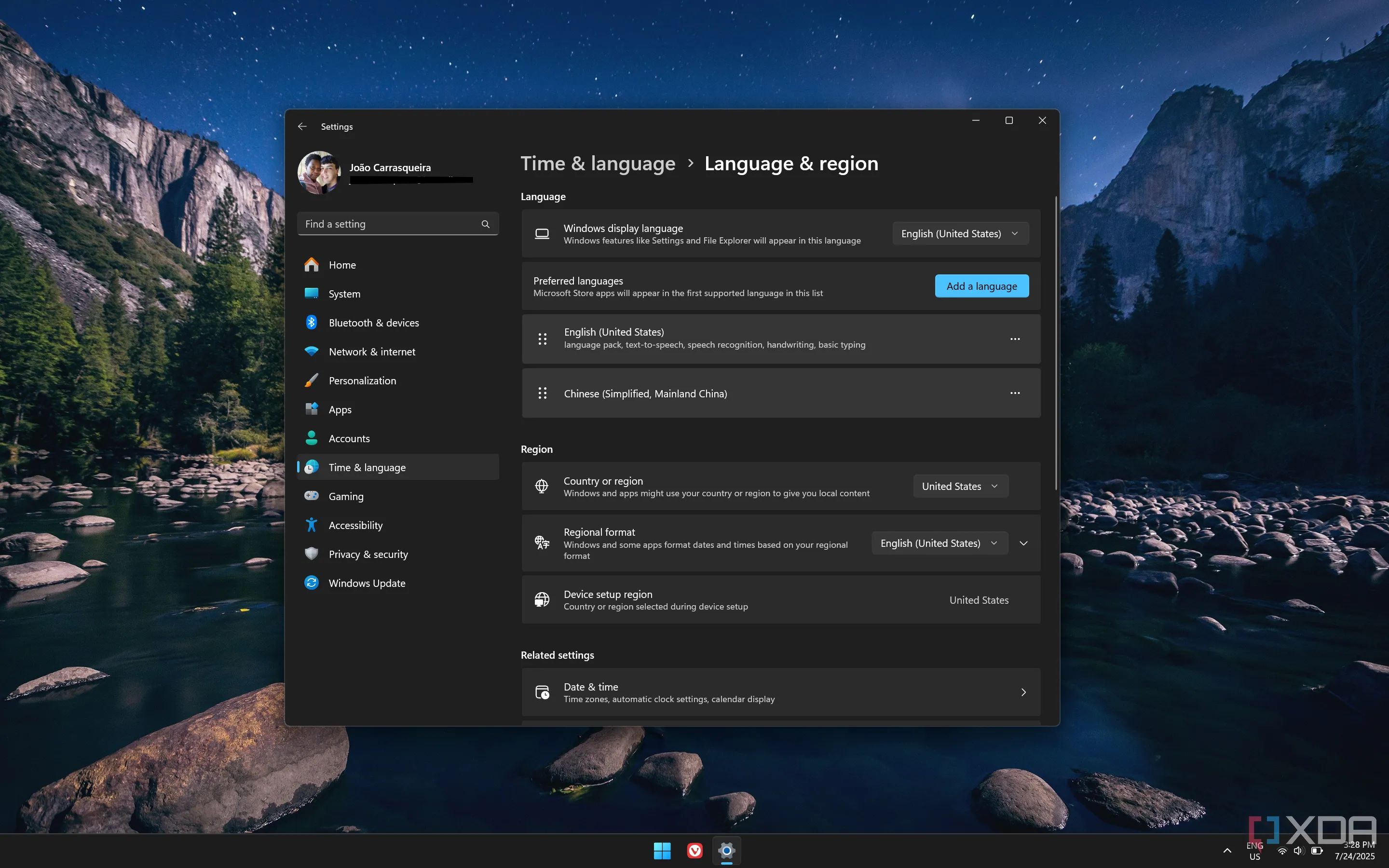 Cài đặt vùng hiện tại của Windows 11 đang ở Hoa Kỳ