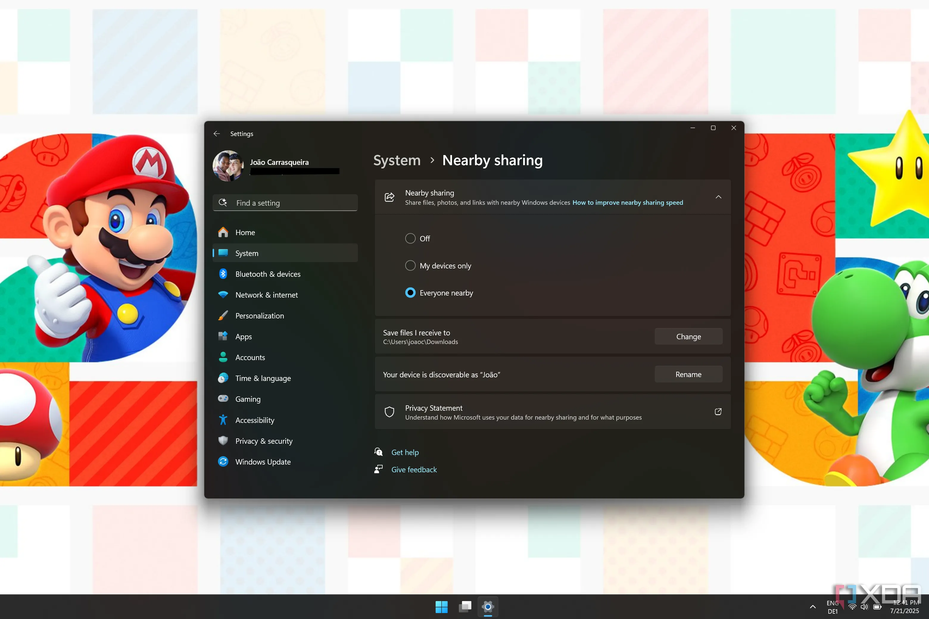 Cài đặt Windows 11 hiển thị tùy chọn Chia sẻ lân cận đã bật