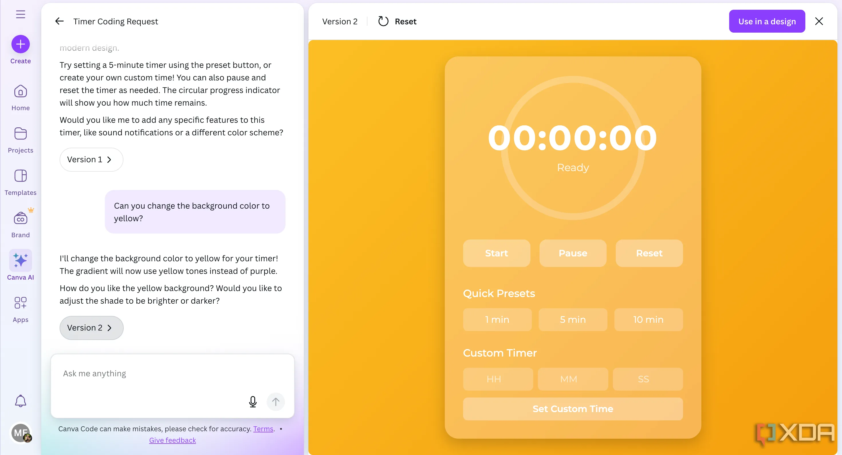 Canva Code điều chỉnh công cụ hẹn giờ thành nền vàng theo phản hồi người dùng.