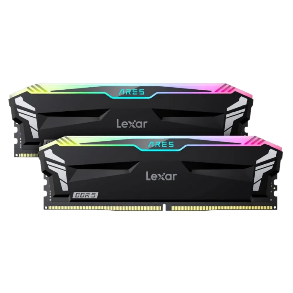 Cặp thanh RAM Lexar ARES RGB DDR5 màu đen với đèn LED RGB sáng rực