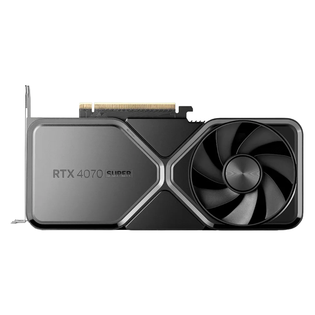 Card đồ họa Nvidia GeForce RTX 4070 Super Founders Edition nhìn từ mặt sau, minh họa thiết kế tản nhiệt.