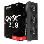 Card đồ họa XFX Speedster QICK319 RX 7800 XT với thiết kế ba quạt tản nhiệt hiệu quả, nổi bật với tông màu đen mạnh mẽ, minh họa cho dòng GPU AMD Radeon RX 7800 XT.