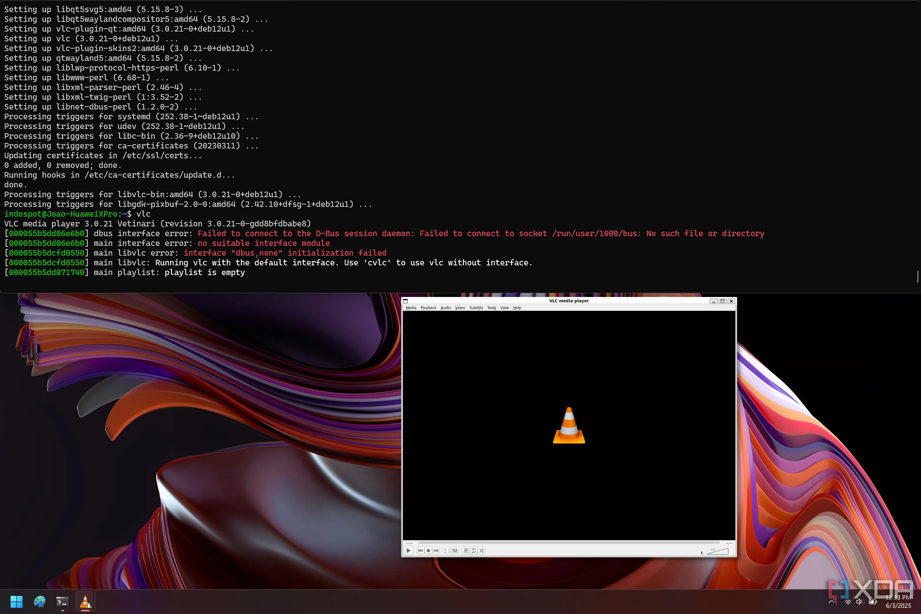 Chế độ Quake của Windows Terminal trên Debian, hiển thị cửa sổ terminal nằm cố định ở nửa trên màn hình