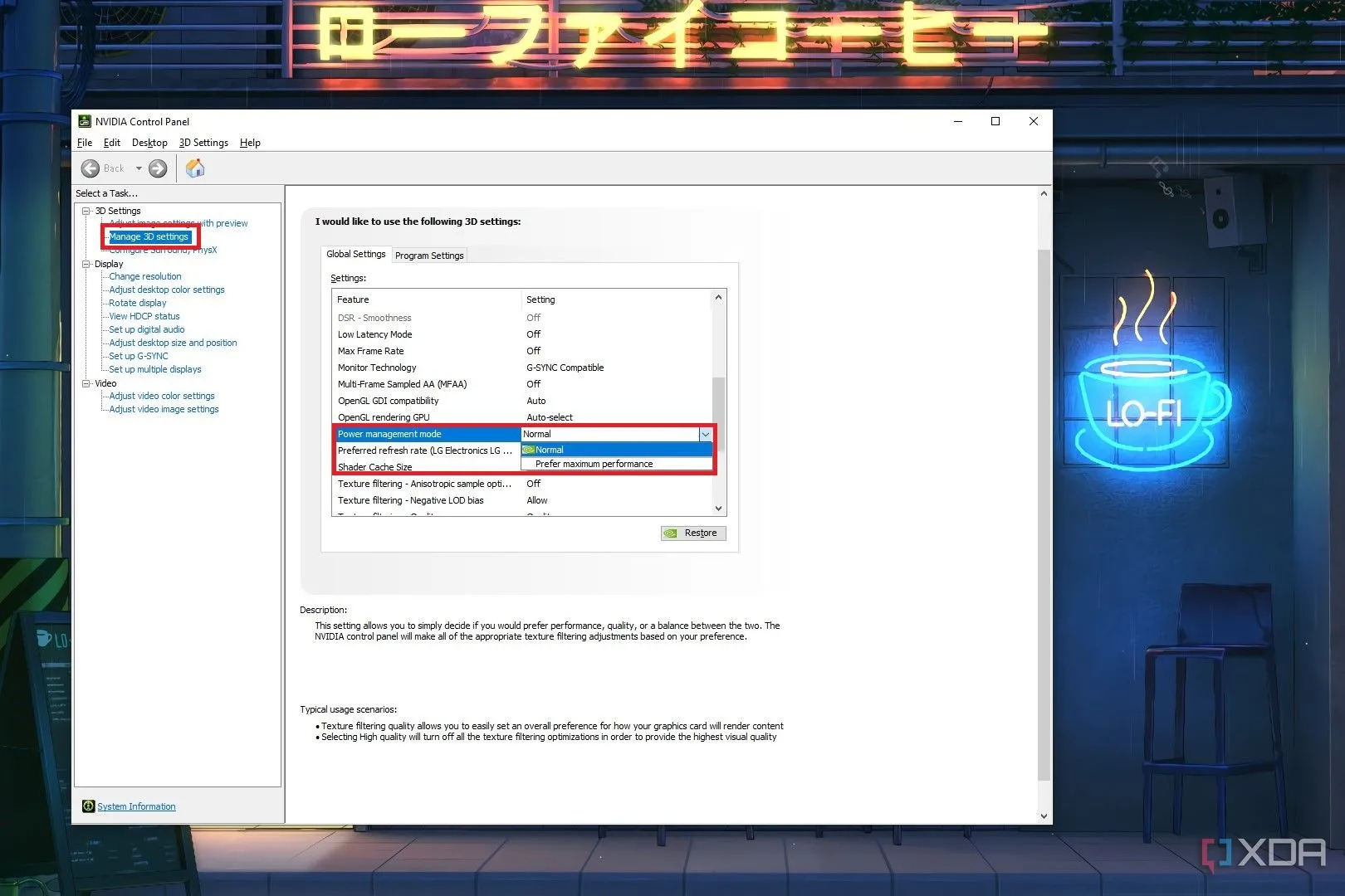 Chế độ quản lý năng lượng trong cài đặt 3D của Nvidia Control Panel