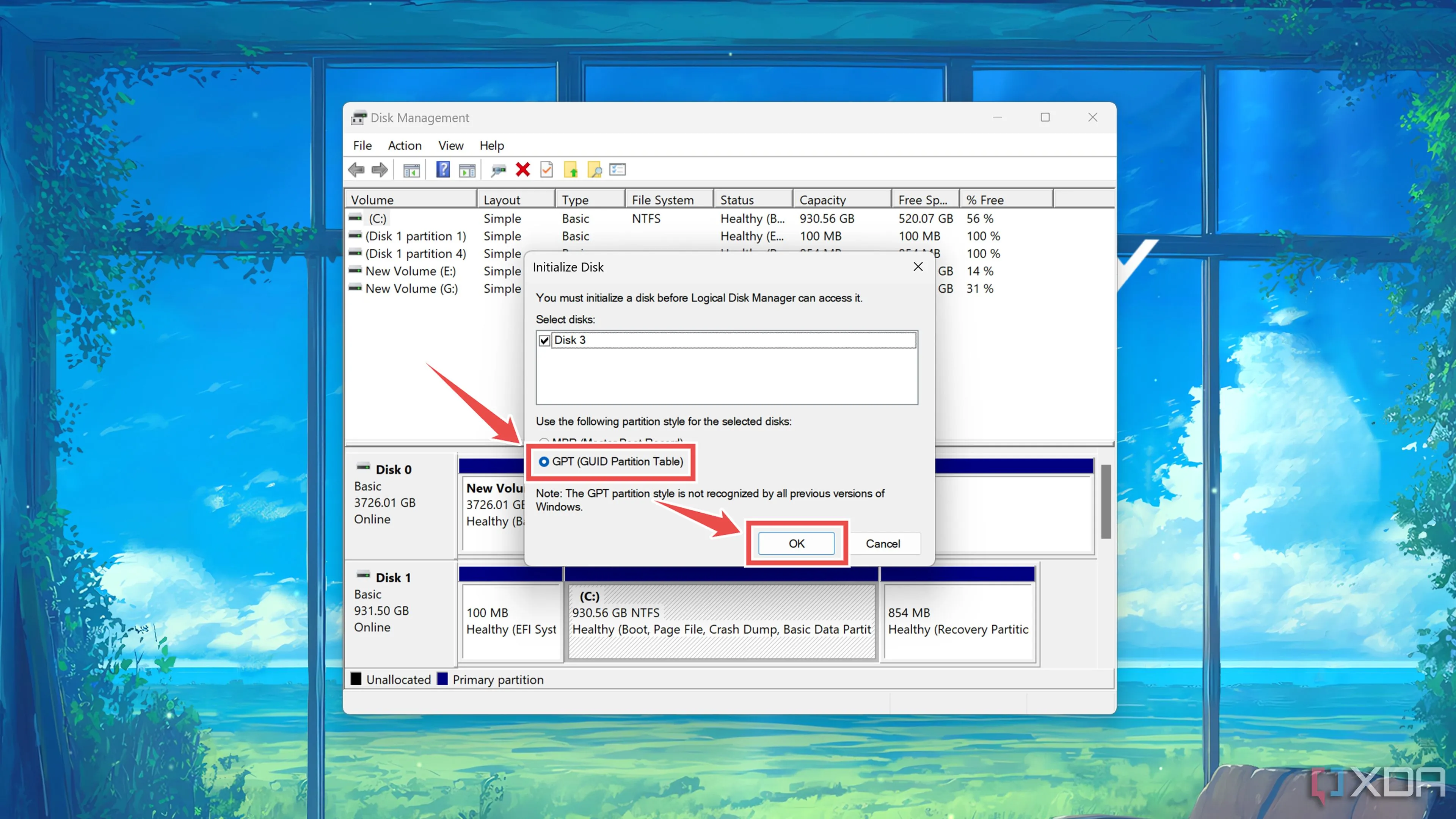 Chọn định dạng GPT khi khởi tạo ổ đĩa mới trong Disk Management