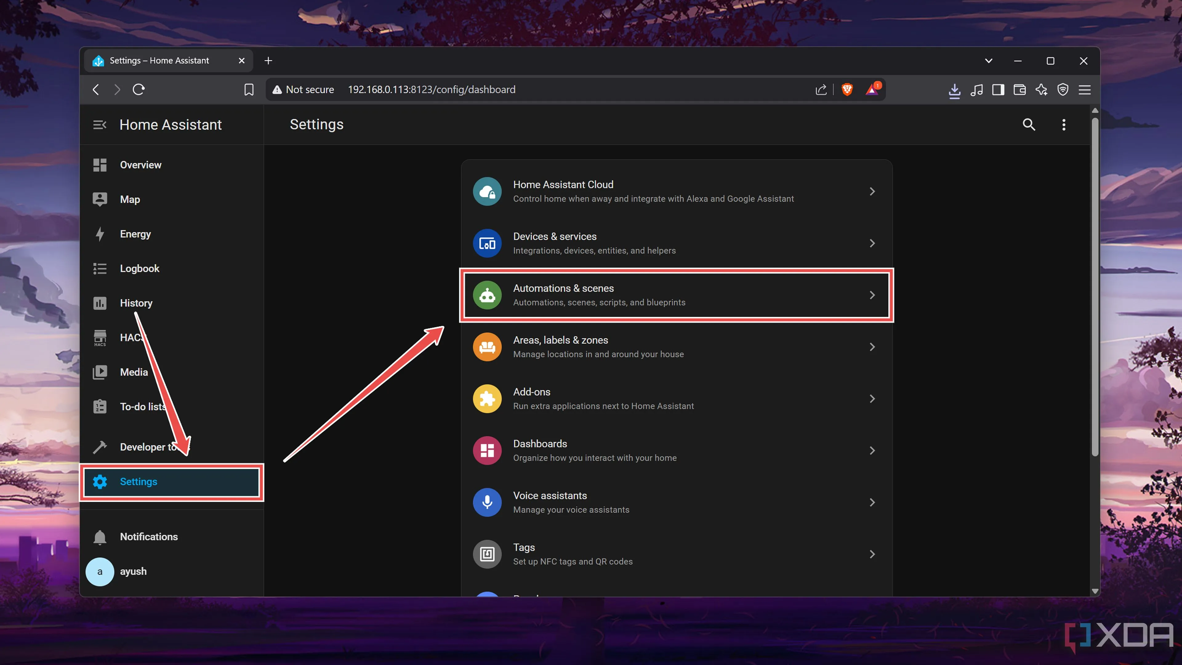 Chọn tab &quot;Automations &amp; scenes&quot; trong cài đặt Home Assistant để quản lý các tự động hóa.