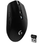 Chuột gaming Logitech G305 Lightspeed màu đen trên nền trắng, nổi bật với thiết kế nhỏ gọn và nút bấm tối giản.
