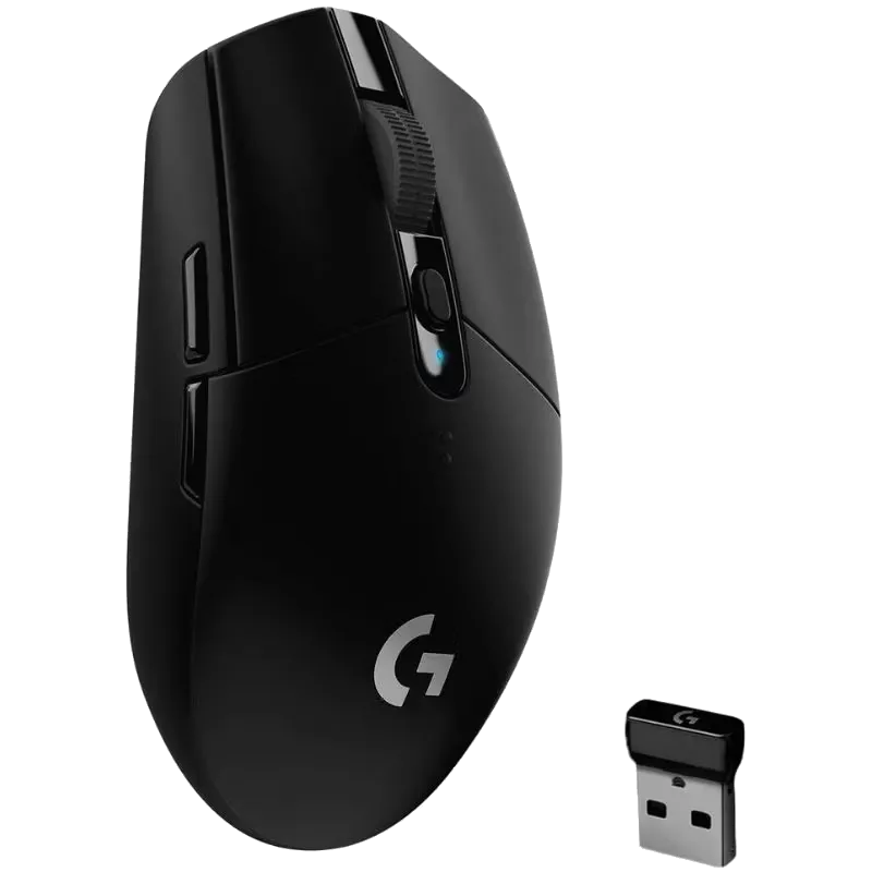 Chuột gaming Logitech G305 Lightspeed màu đen trên nền trắng, nổi bật với thiết kế nhỏ gọn và nút bấm tối giản.