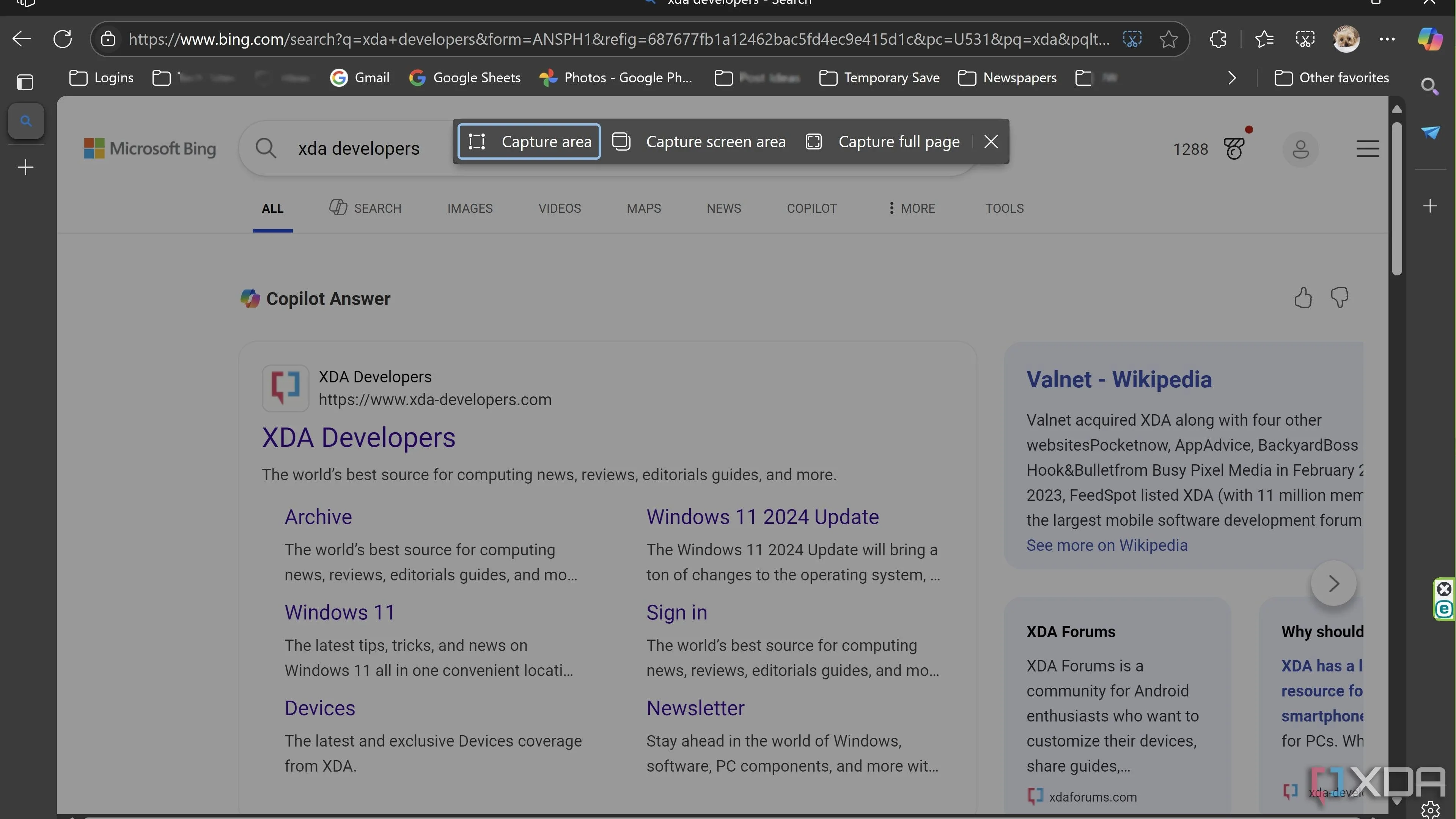 Công cụ chụp ảnh web (Web Capture) của Microsoft Edge với các tùy chọn chụp vùng hoặc toàn trang.