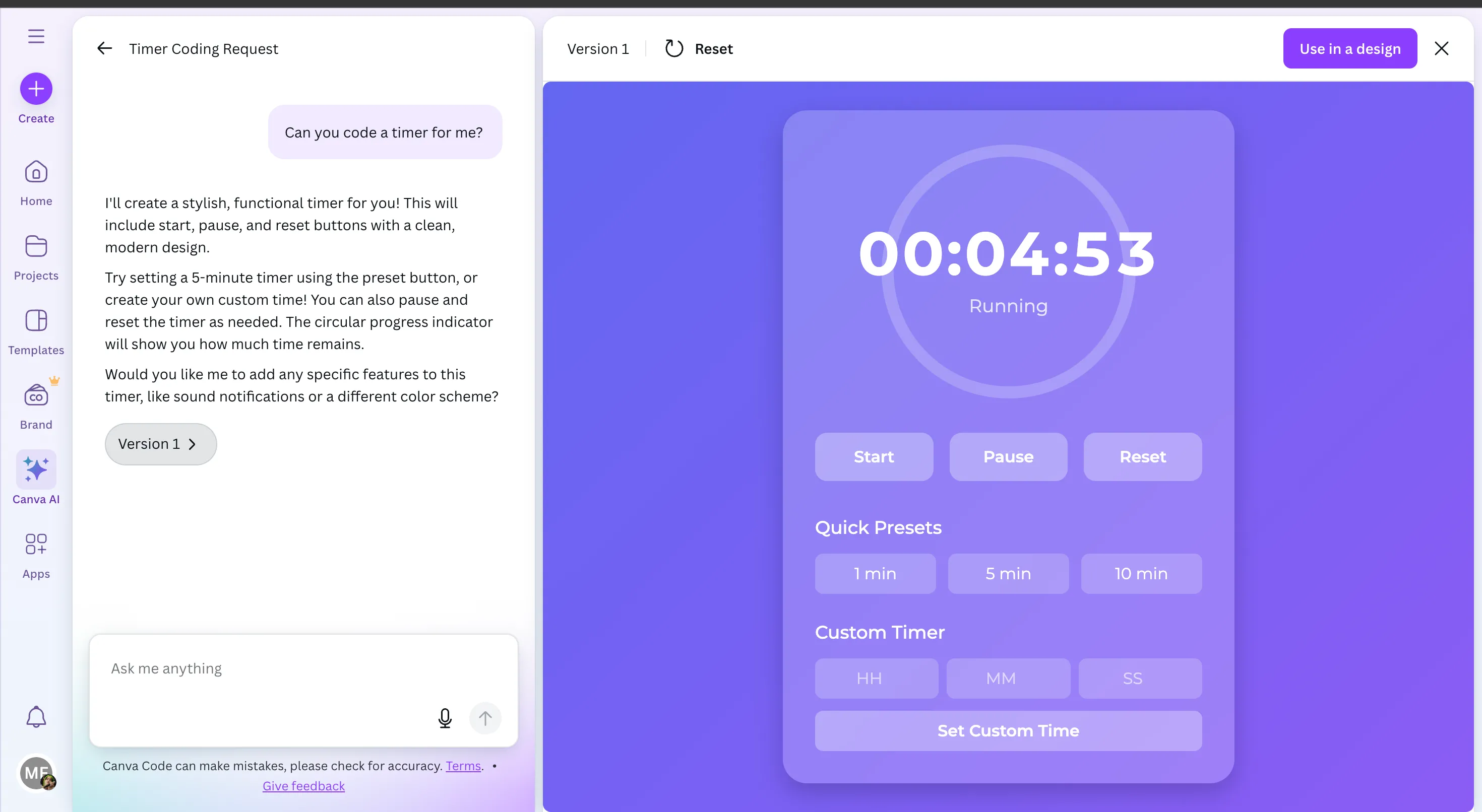 Công cụ hẹn giờ mẫu với nền tím được tạo ra bằng tính năng Canva Code AI.