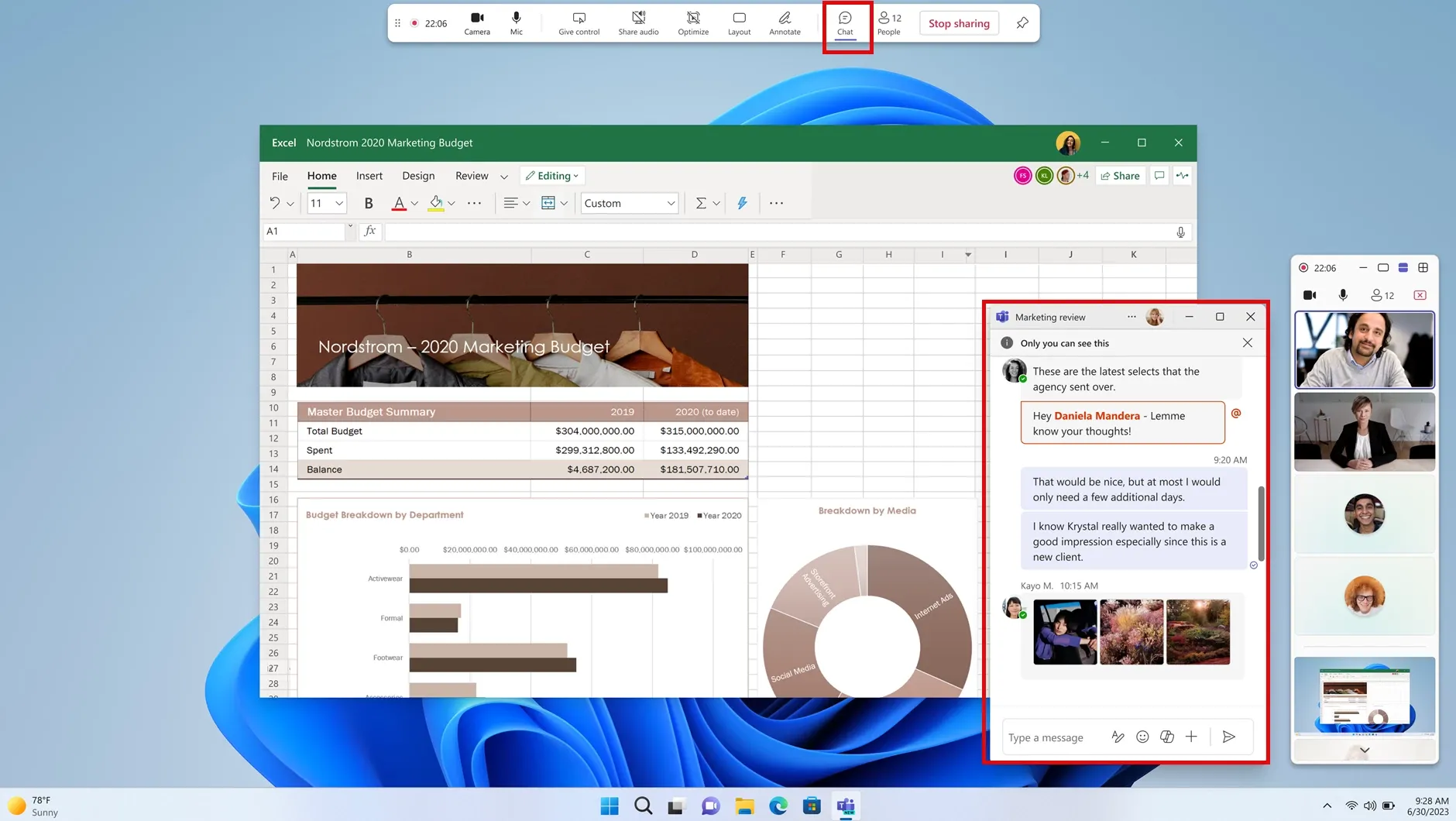 Cửa sổ chat riêng tư của Microsoft Teams hiển thị khi chia sẻ màn hình, giúp người thuyết trình tương tác thuận tiện hơn.