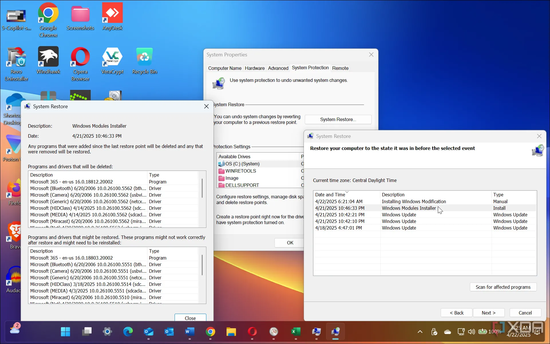 Cửa sổ System Properties hiển thị tab System Protection để tạo hoặc quản lý điểm khôi phục trên Windows